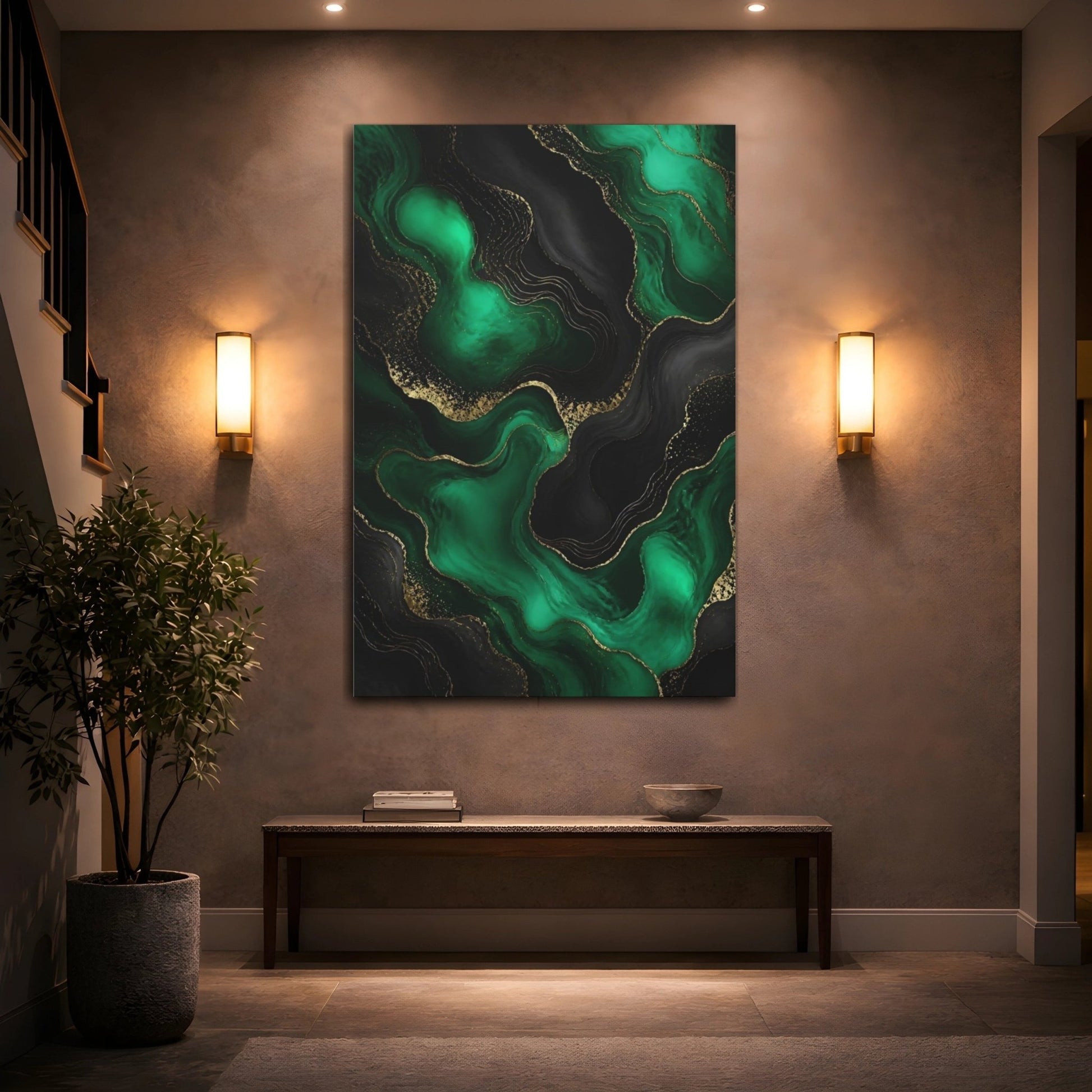 Abstract Fluid Emerald Green Gold Canvas Wall Art Print – Living Room Decor, Above Fireplace - YesArtYes