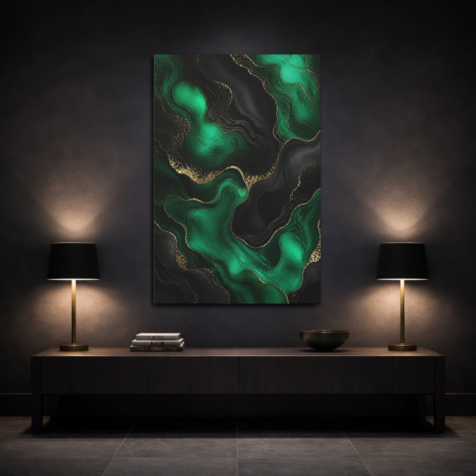 Abstract Fluid Emerald Green Gold Canvas Wall Art Print – Living Room Decor, Above Fireplace - YesArtYes