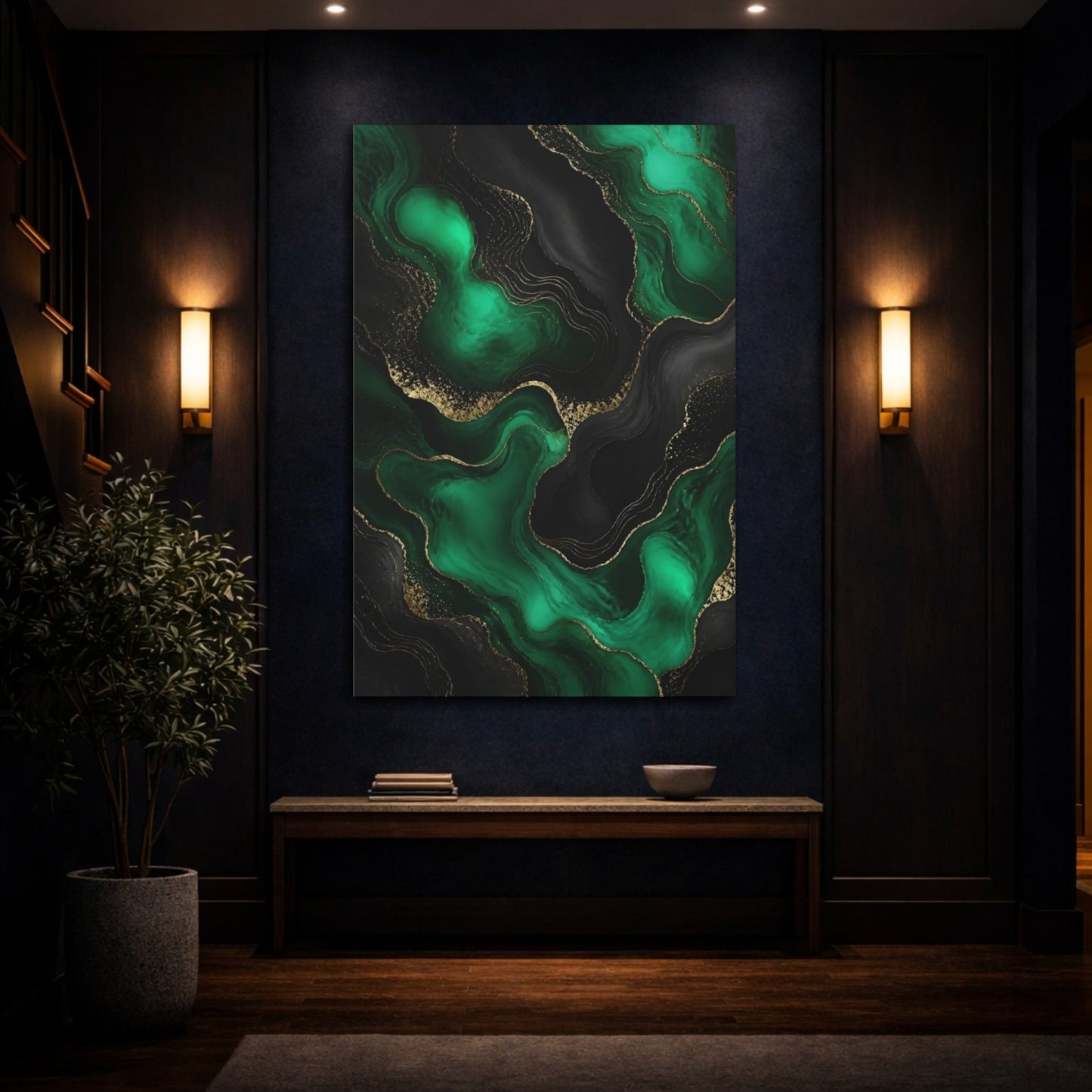 Abstract Fluid Emerald Green Gold Canvas Wall Art Print – Living Room Decor, Above Fireplace - YesArtYes