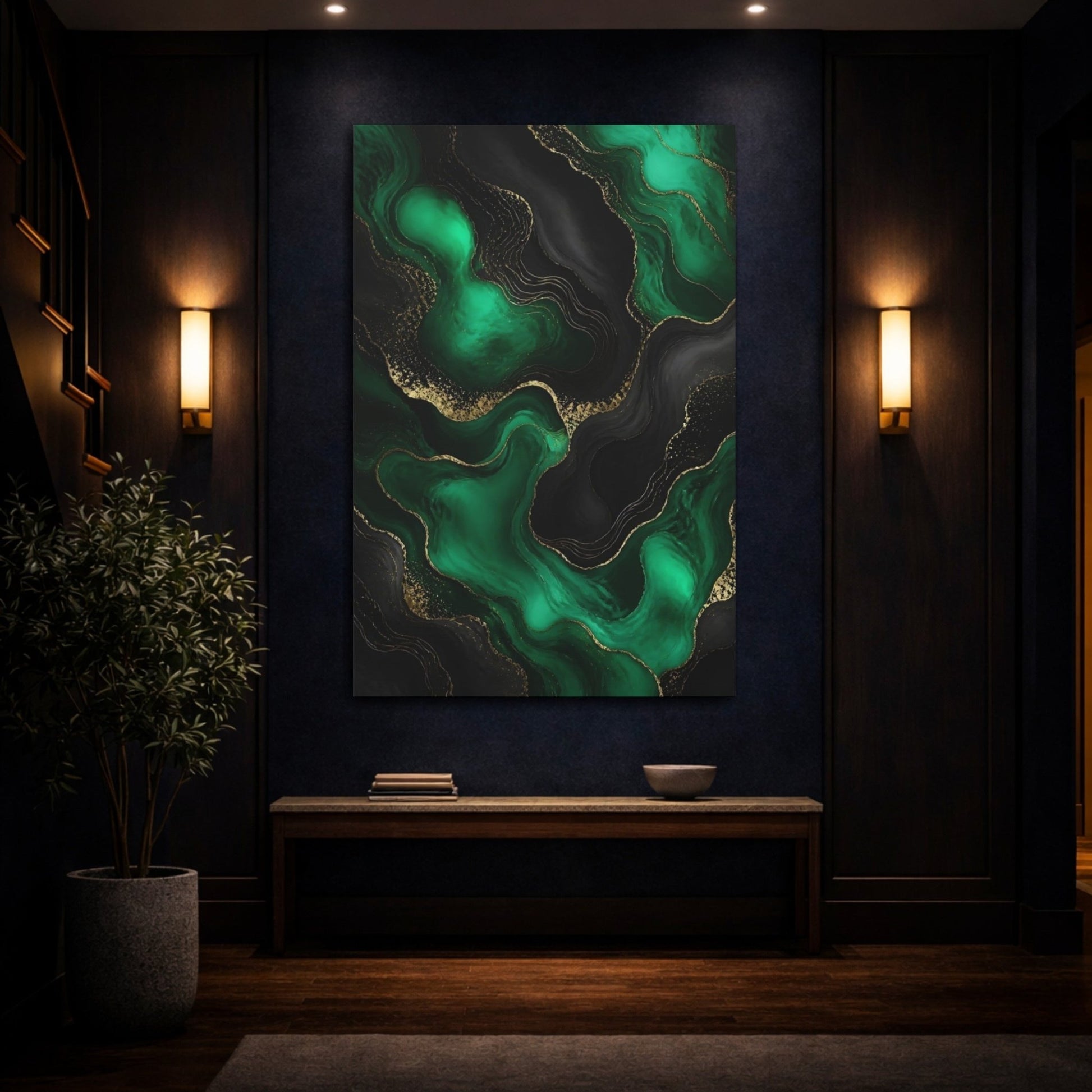 Abstract Fluid Emerald Green Gold Canvas Wall Art Print – Living Room Decor, Above Fireplace - YesArtYes