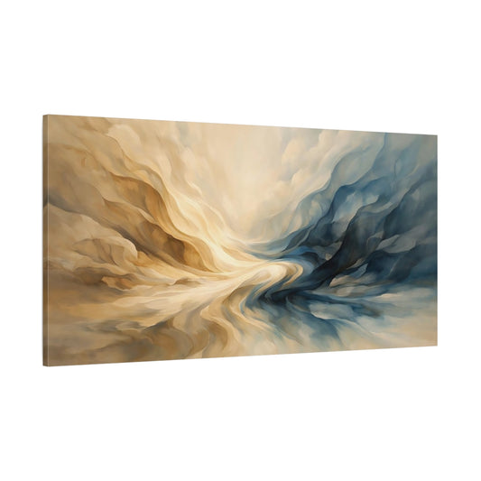 Main Mockup. Abstract Fluid Forms Blue And Gold Abstract shown as stretched canvas wall art