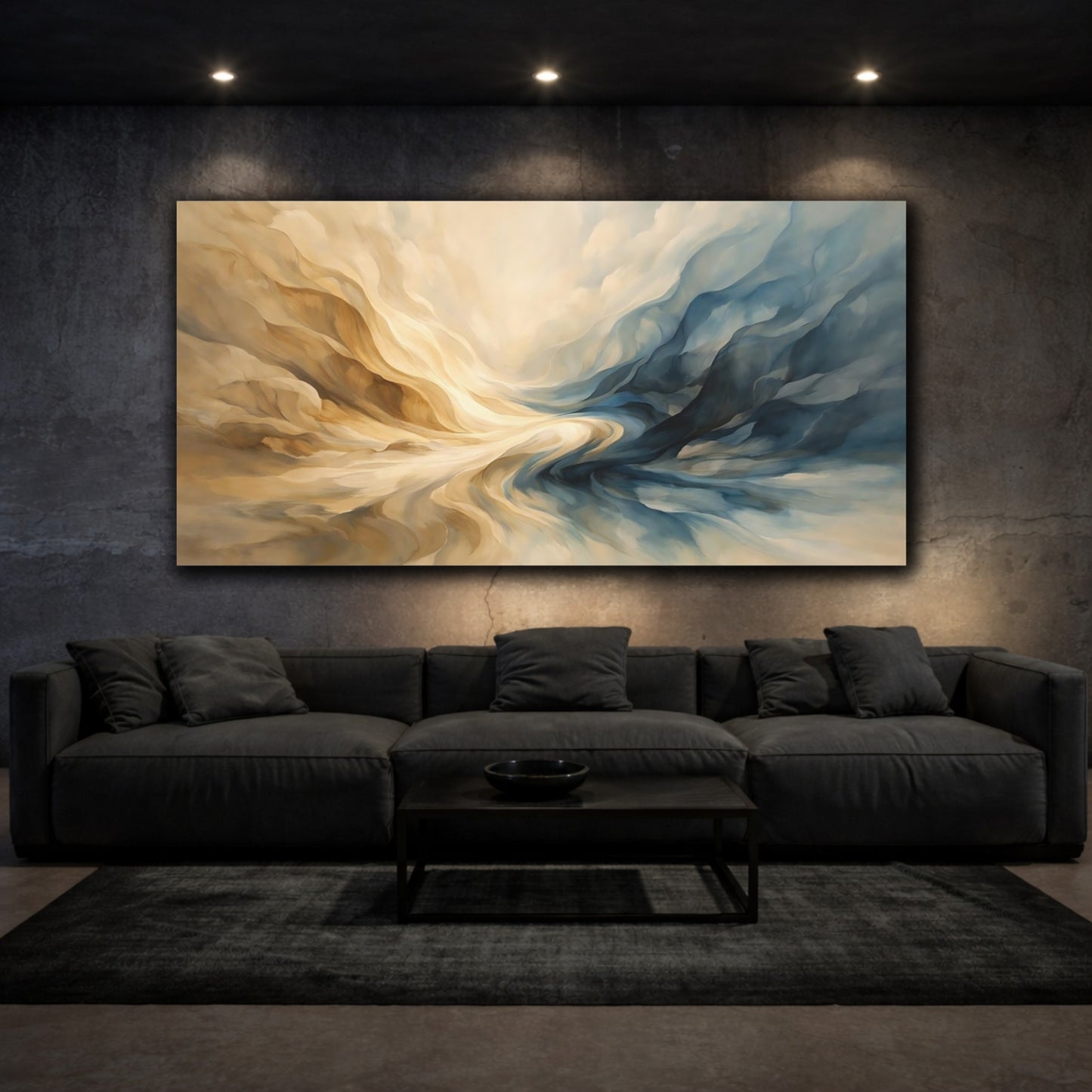 Mockup 2. Abstract Fluid Forms Blue And Gold Abstract shown as stretched canvas wall art