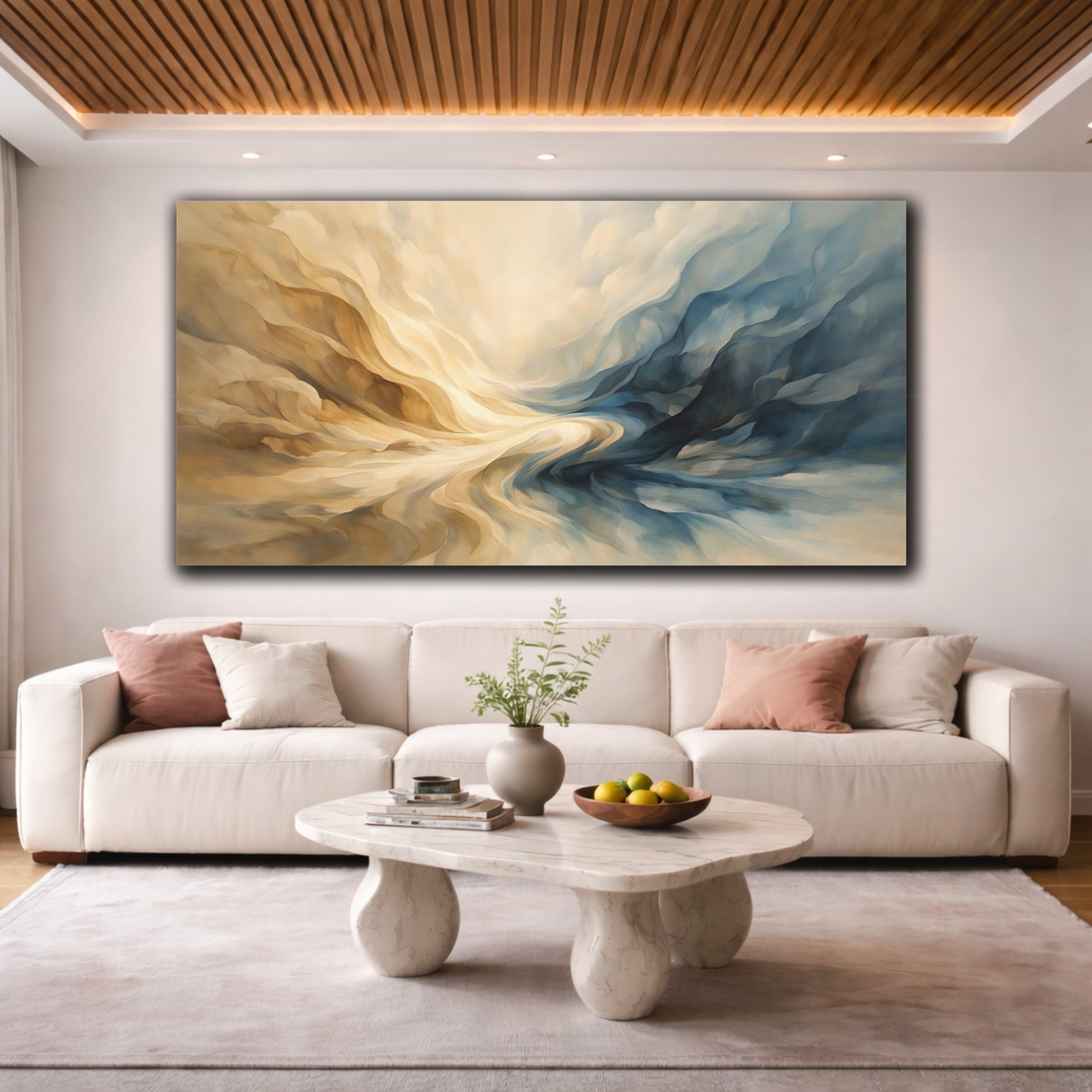 Mockup 3. Abstract Fluid Forms Blue And Gold Abstract shown as stretched canvas wall art