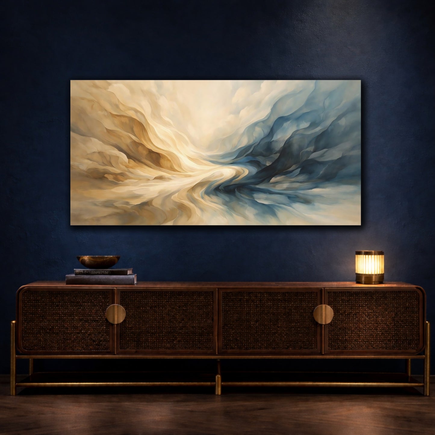 Mockup 4. Abstract Fluid Forms Blue And Gold Abstract shown as stretched canvas wall art