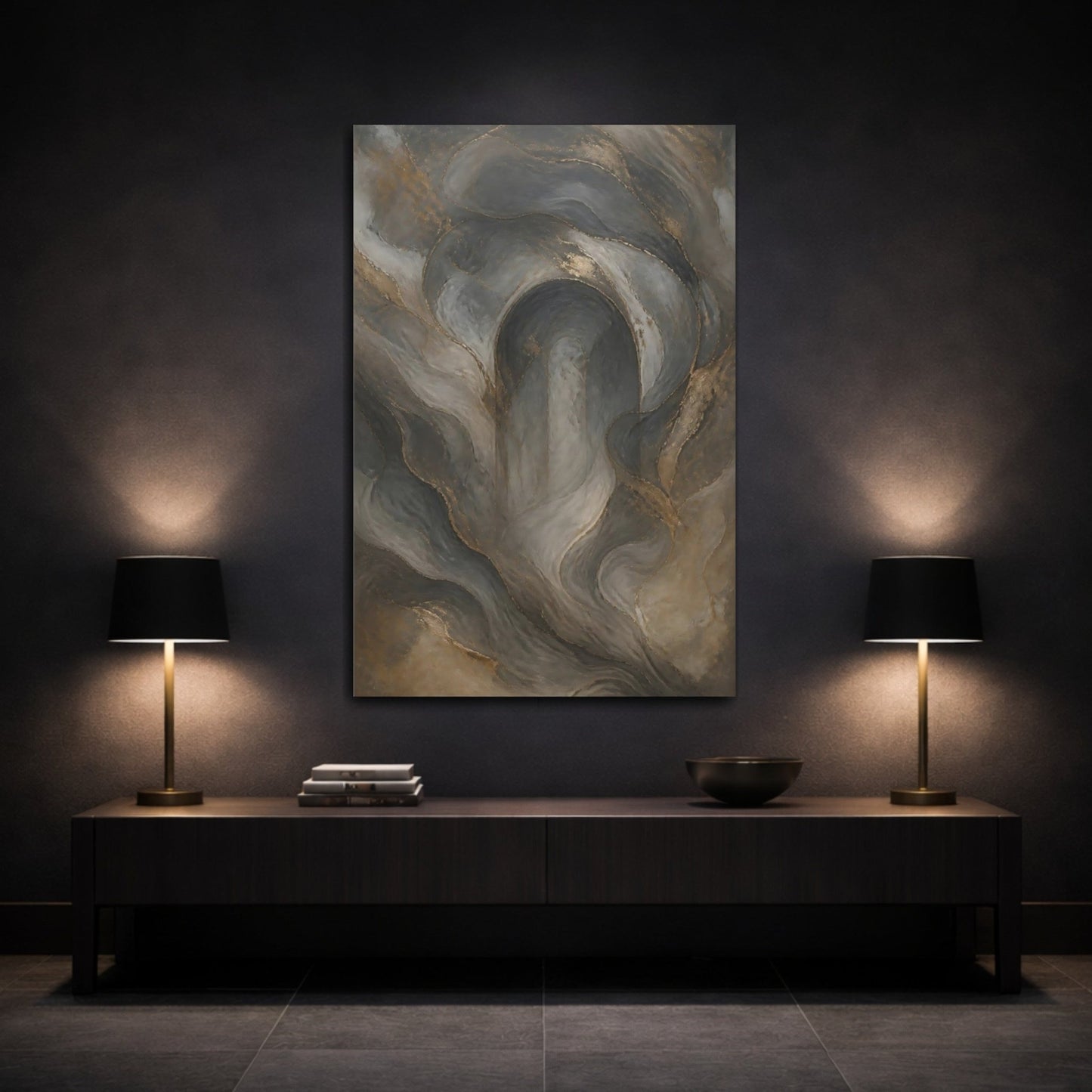 Abstract Fluid Forms Gray And Gold Canvas Print – modern Decor for Living Room, Above Couch - YesArtYes
