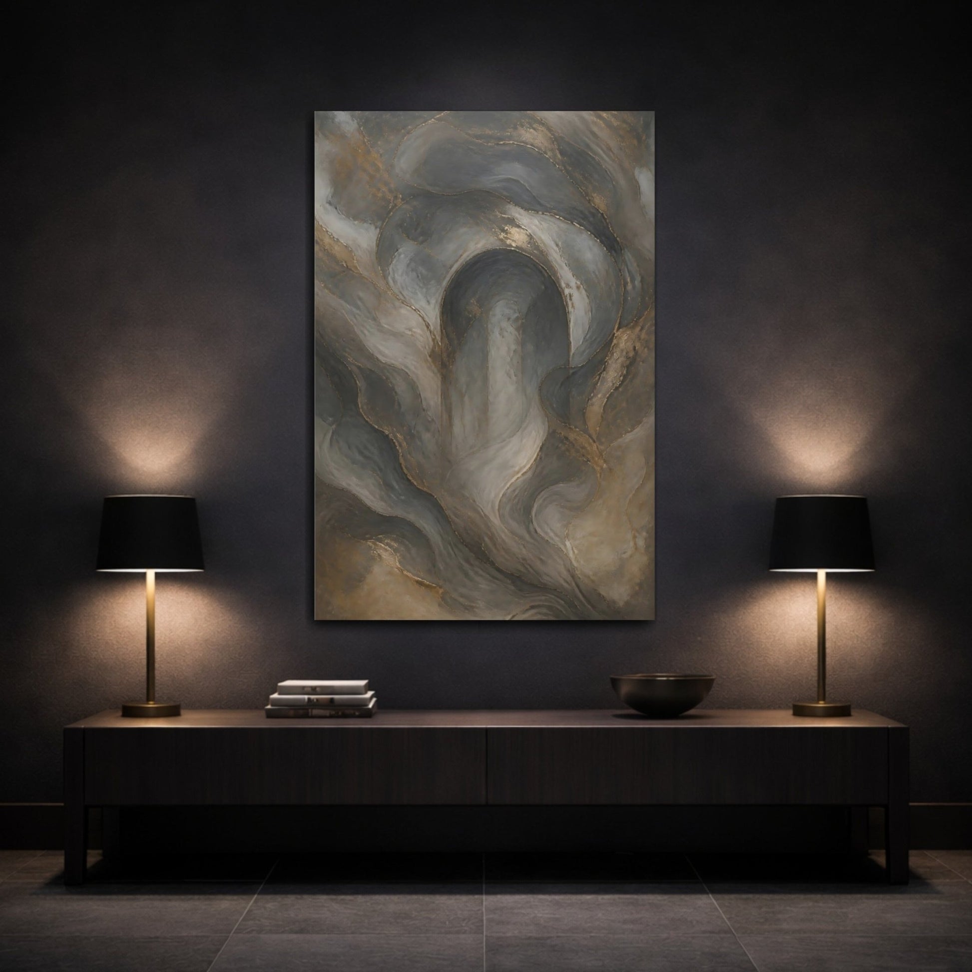 Abstract Fluid Forms Gray And Gold Canvas Print – modern Decor for Living Room, Above Couch - YesArtYes