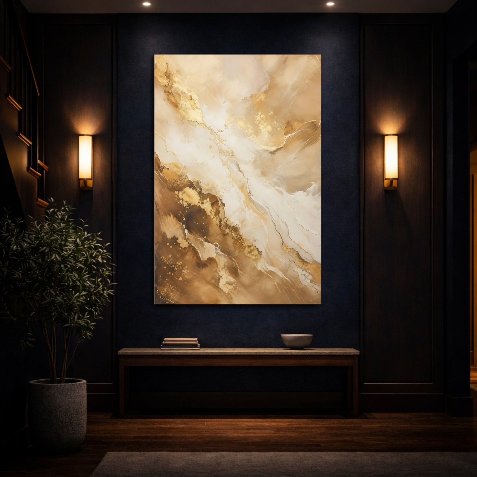 Abstract Fluid Gold And Beige Canvas Wall Art Print – Living Room, Above Couch - YesArtYes