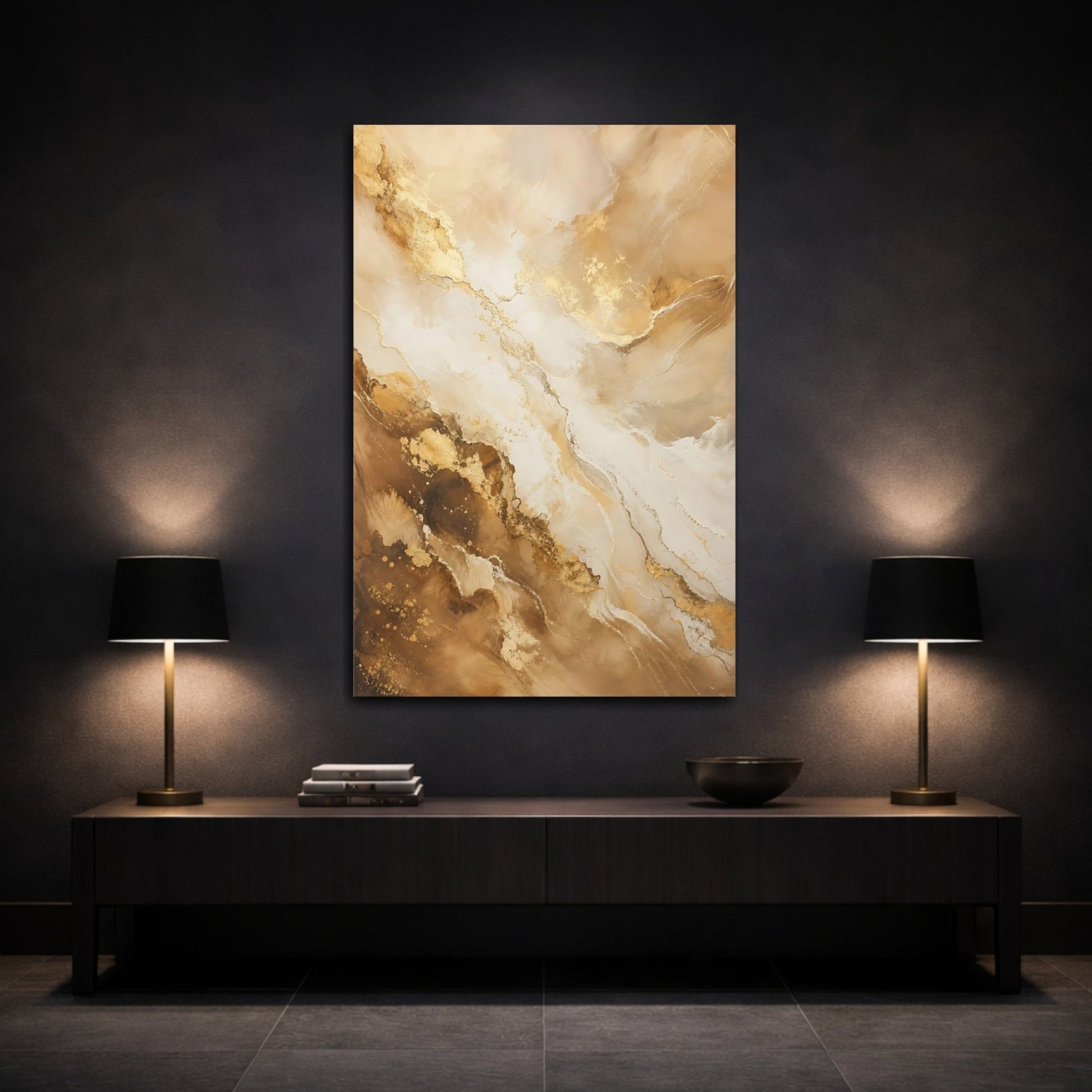 Abstract Fluid Gold And Beige Canvas Wall Art Print – Living Room, Above Couch - YesArtYes