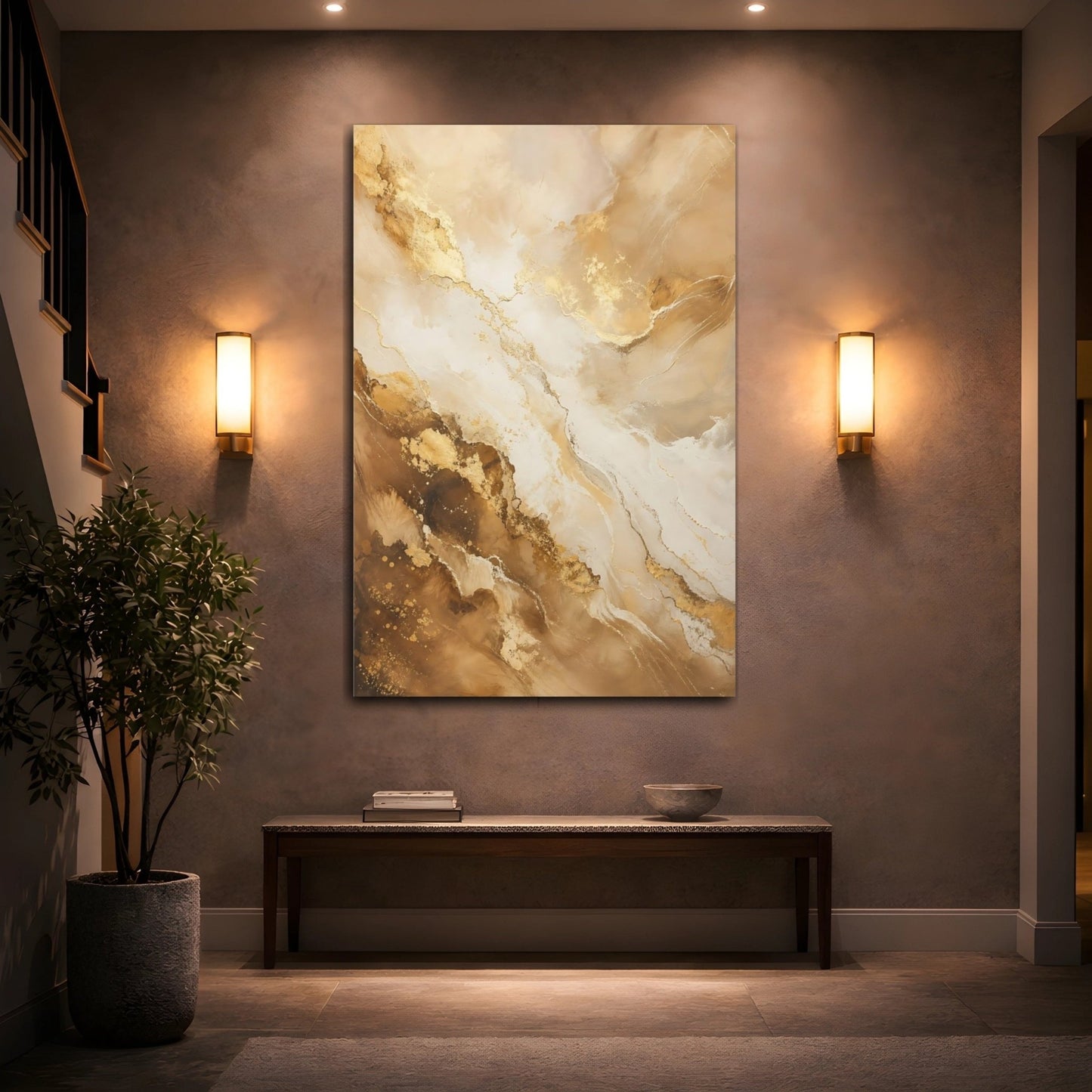 Abstract Fluid Gold And Beige Canvas Wall Art Print – Living Room, Above Couch - YesArtYes