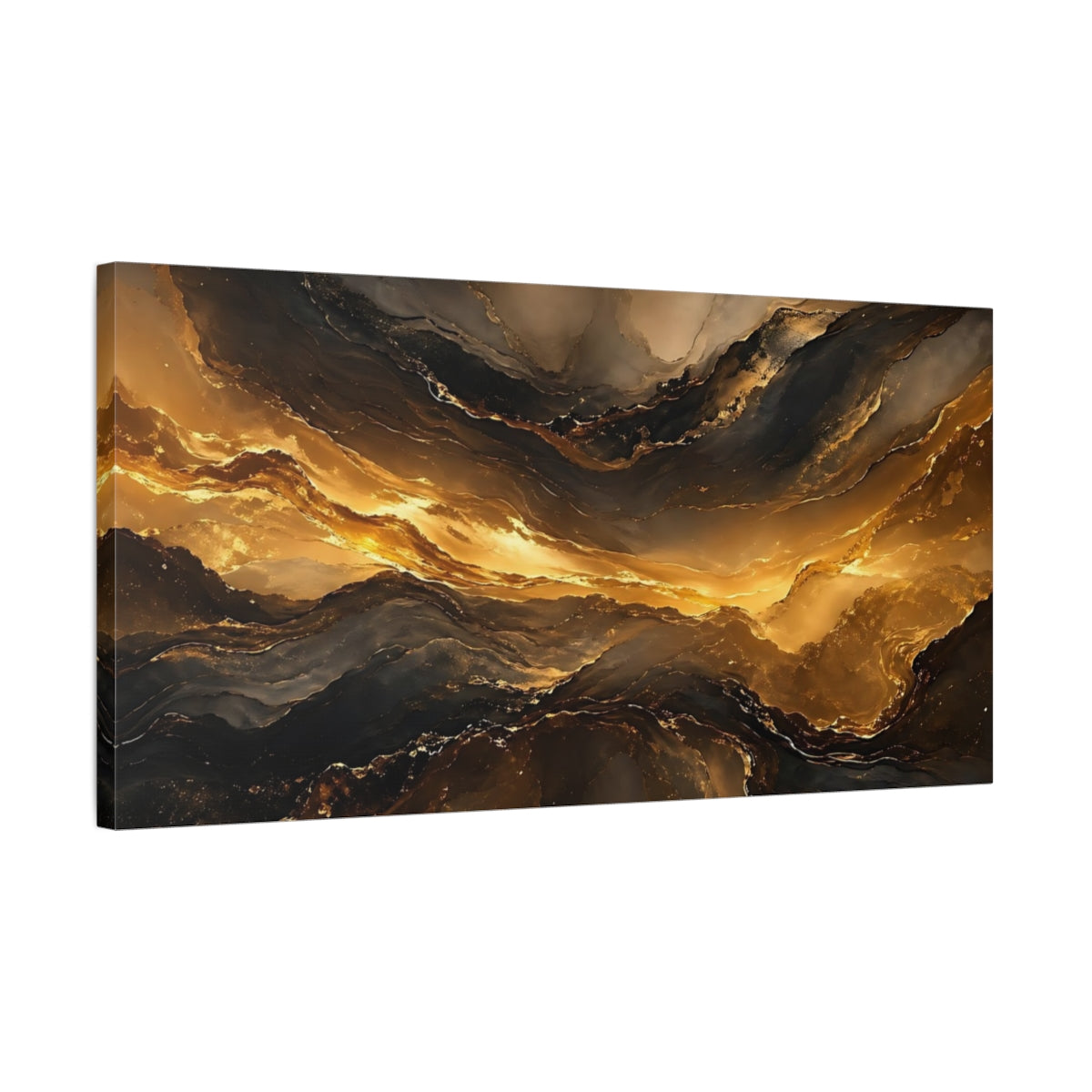 Side Mockup 1. Abstract Fluid Gold Gold And Black shown as stretched canvas wall art