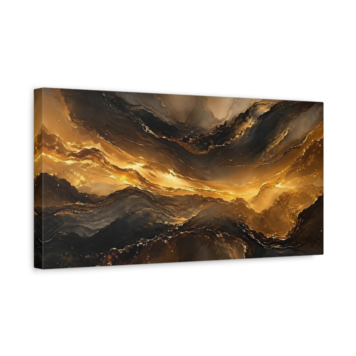 Side Mockup 3. Abstract Fluid Gold Gold And Black shown as stretched canvas wall art