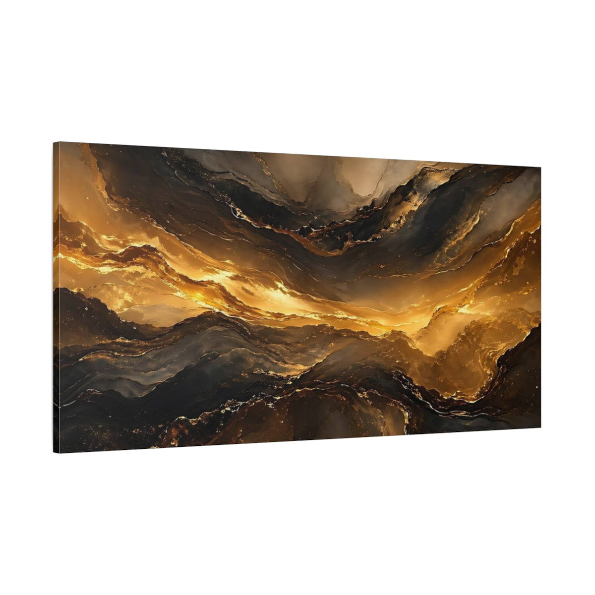 Side Mockup 2. Abstract Fluid Gold Gold And Black shown as stretched canvas wall art