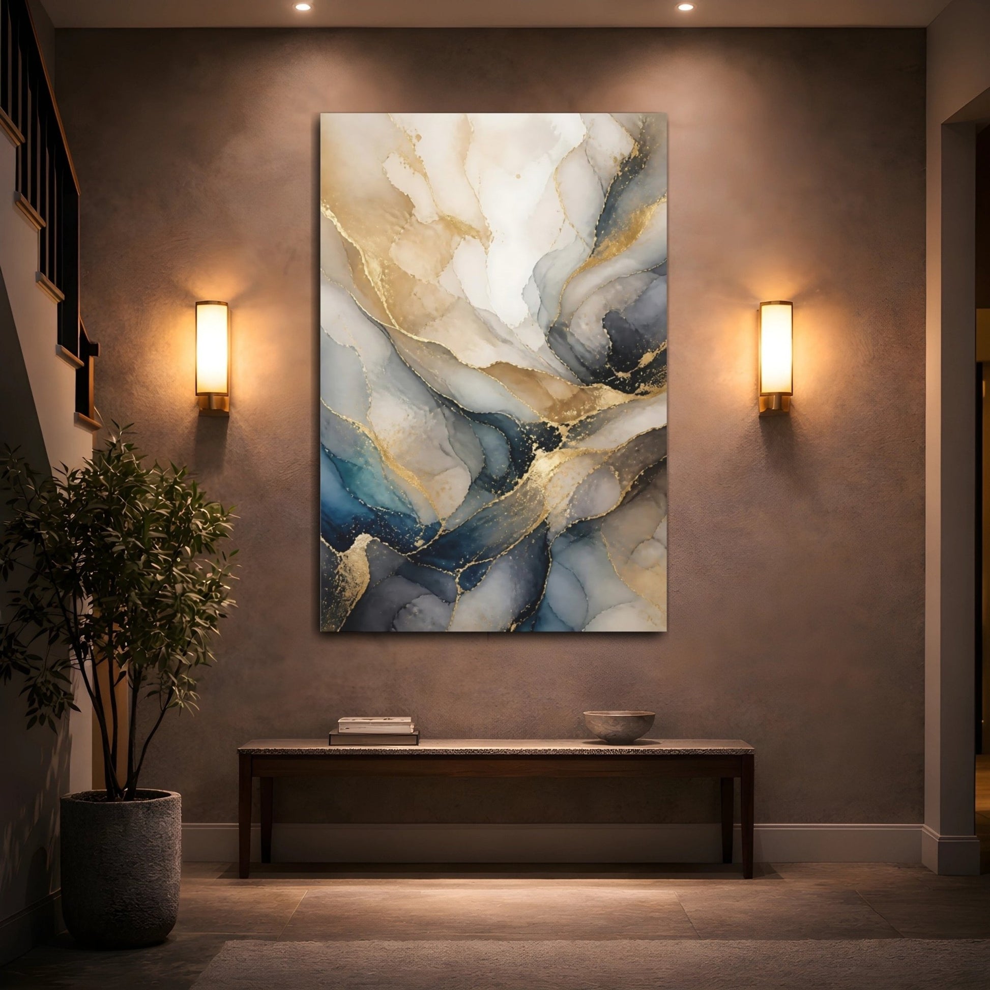 Abstract Fluid Gold And Blue Canvas Print – Living Room, Above Console Table - YesArtYes