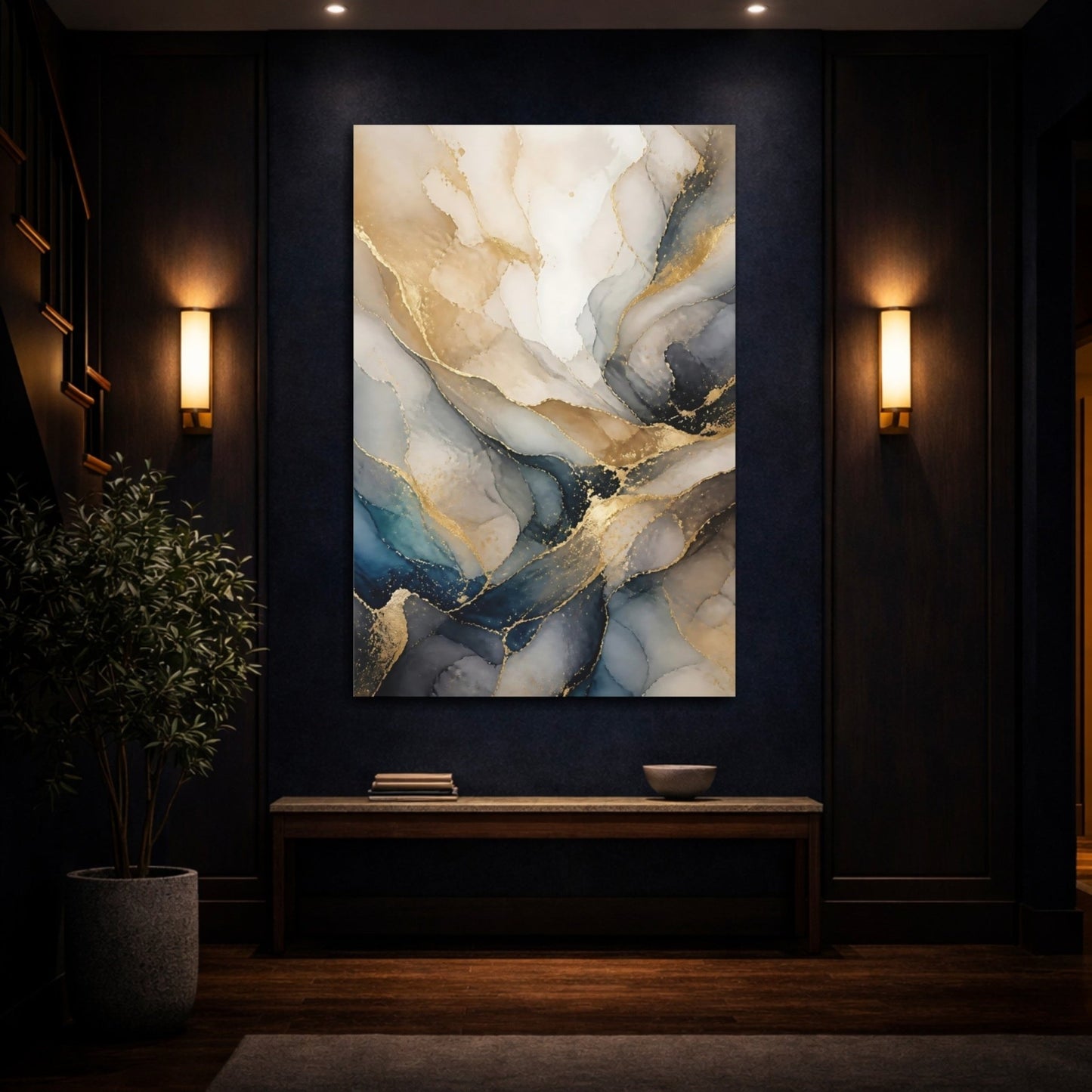 Abstract Fluid Gold And Blue Canvas Print – Living Room, Above Console Table - YesArtYes