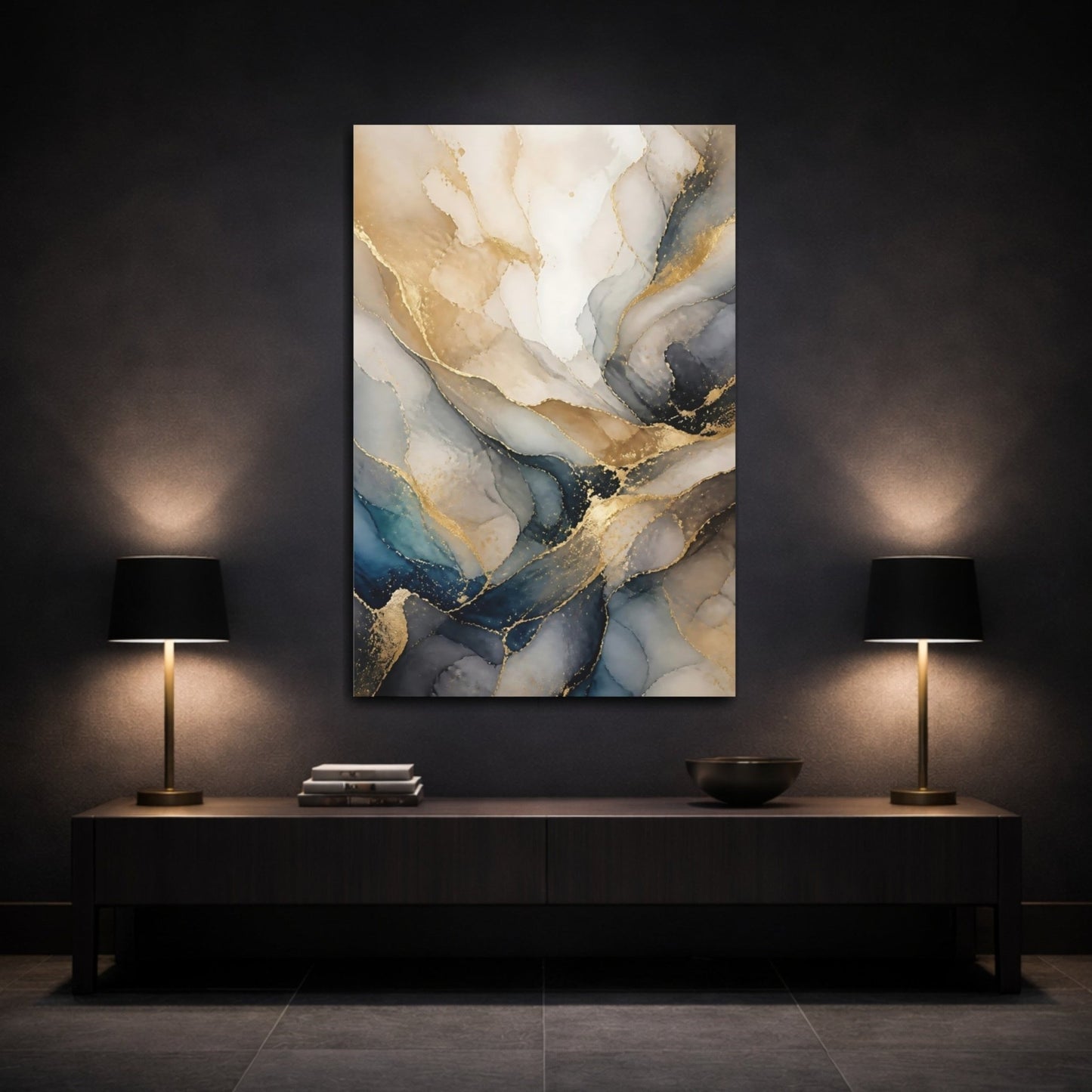 Abstract Fluid Gold And Blue Canvas Print – Living Room, Above Console Table - YesArtYes