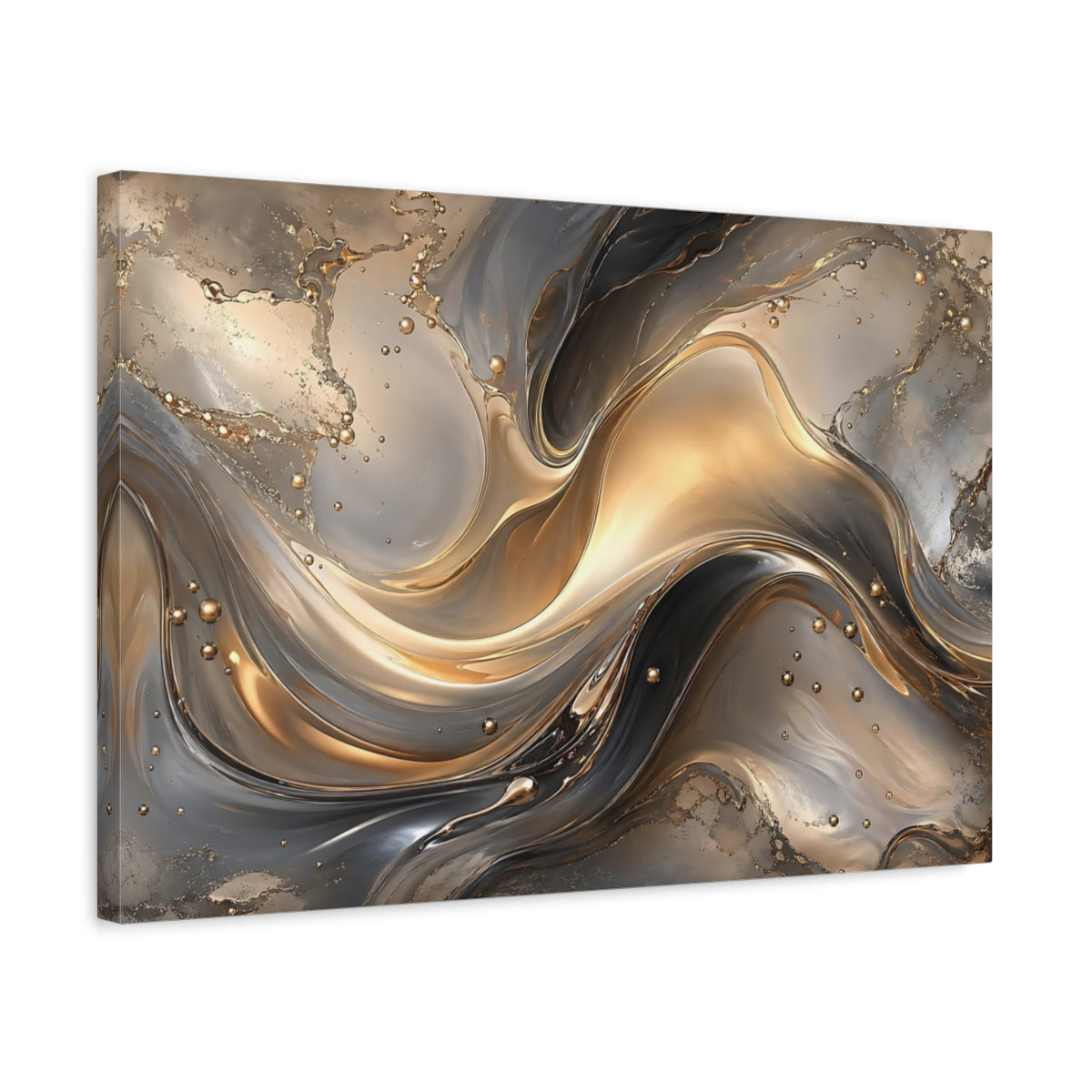Side Mockup 3. Abstract Abstract Fluid Gold And Gray shown as stretched canvas wall art