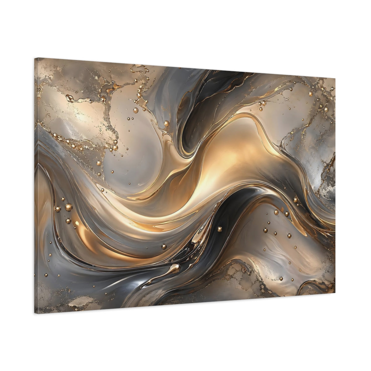 Side Mockup 1. Abstract Abstract Fluid Gold And Gray shown as stretched canvas wall art