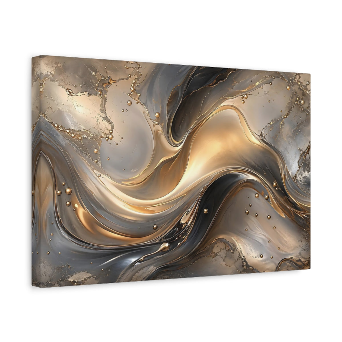 Side Mockup 4. Abstract Abstract Fluid Gold And Gray shown as stretched canvas wall art
