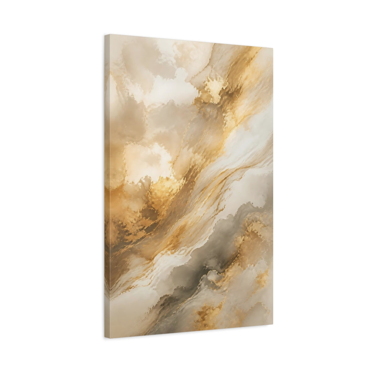 Side Mockup 2. Abstract Fluid Abstract Gold And Grey shown as stretched canvas wall art