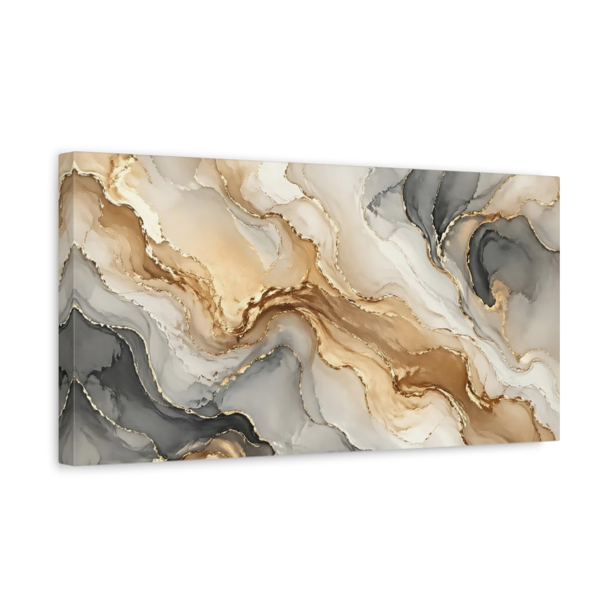 Side Mockup 3. Abstract Fluid Abstract Gold And Grey shown as stretched canvas wall art