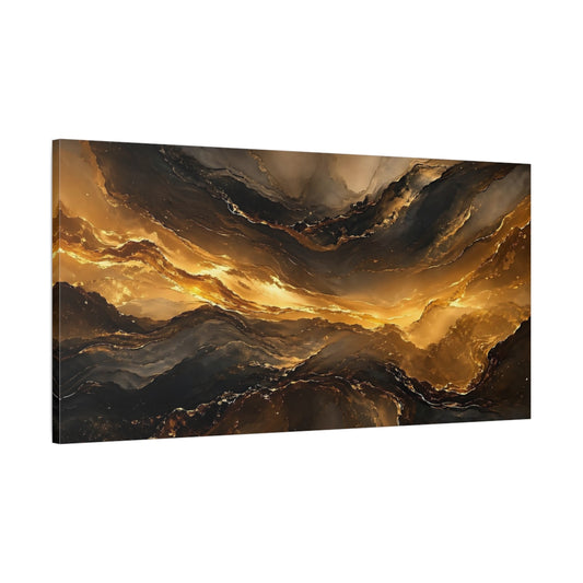 Main Mockup. Abstract Fluid Gold Gold And Black shown as stretched canvas wall art