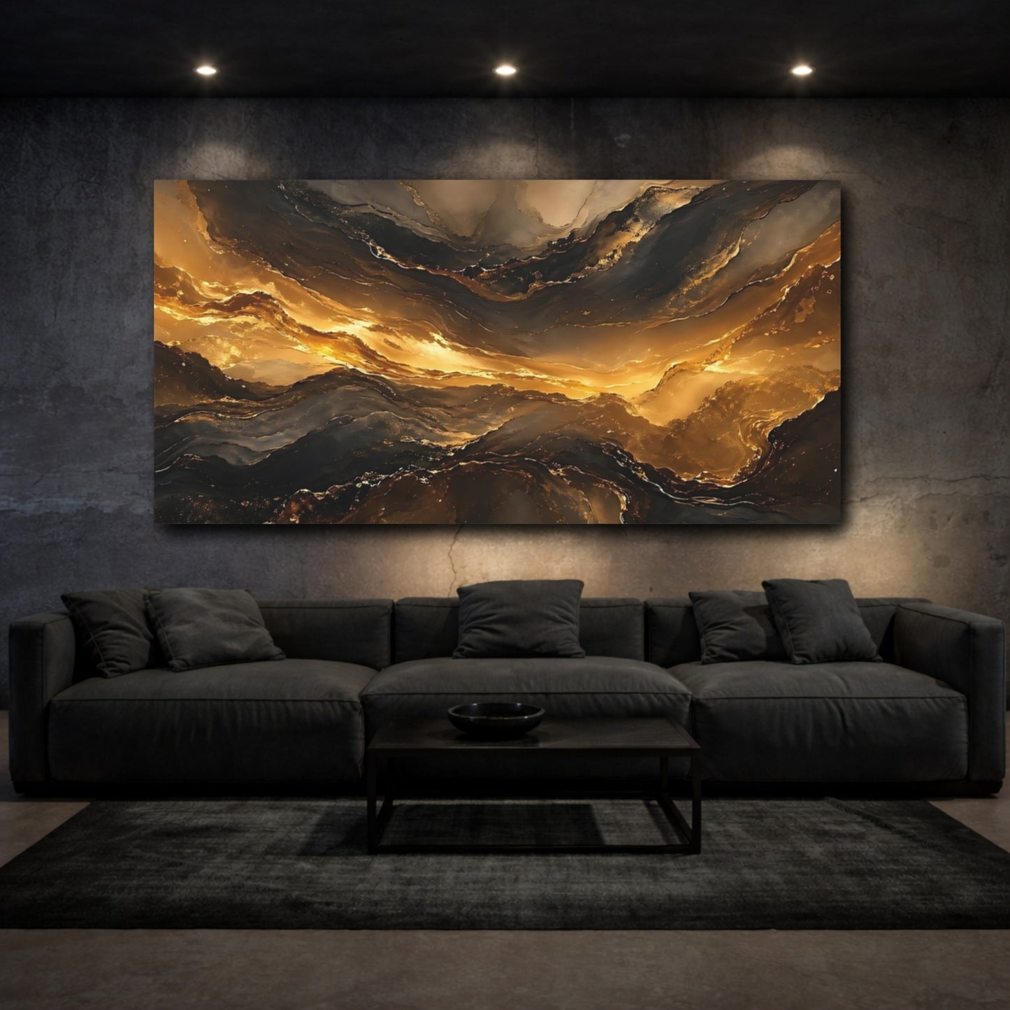 Mockup 2. Abstract Fluid Gold Gold And Black shown as stretched canvas wall art