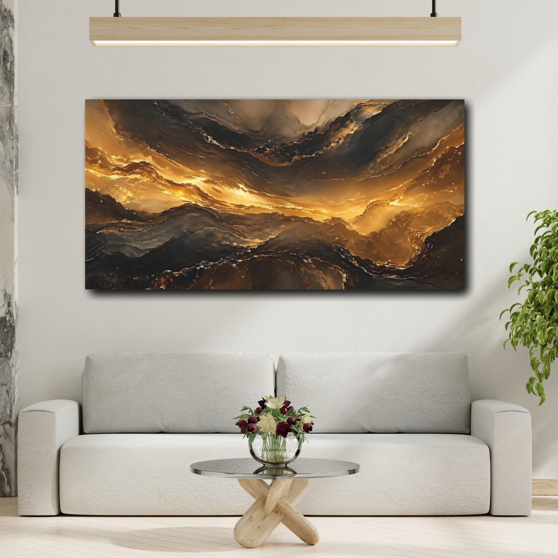 Mockup 3. Abstract Fluid Gold Gold And Black shown as stretched canvas wall art