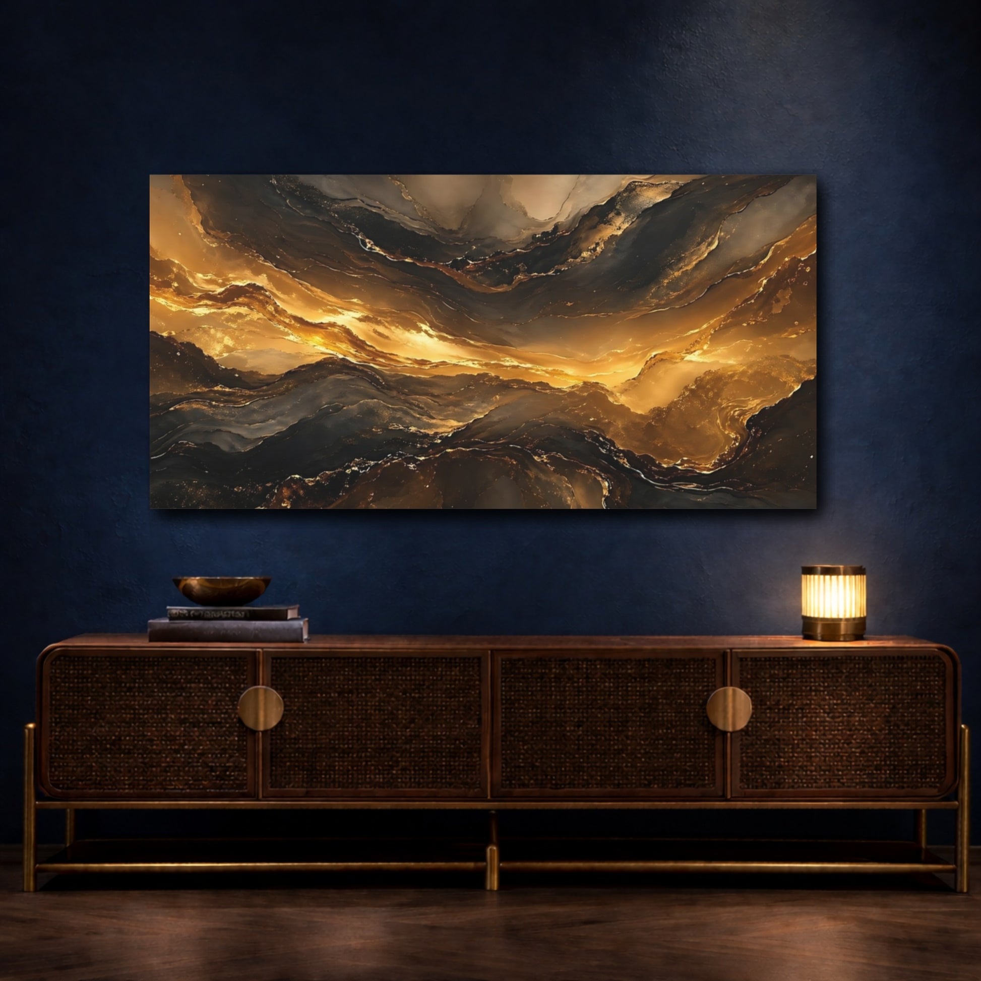 Mockup 4. Abstract Fluid Gold Gold And Black shown as stretched canvas wall art