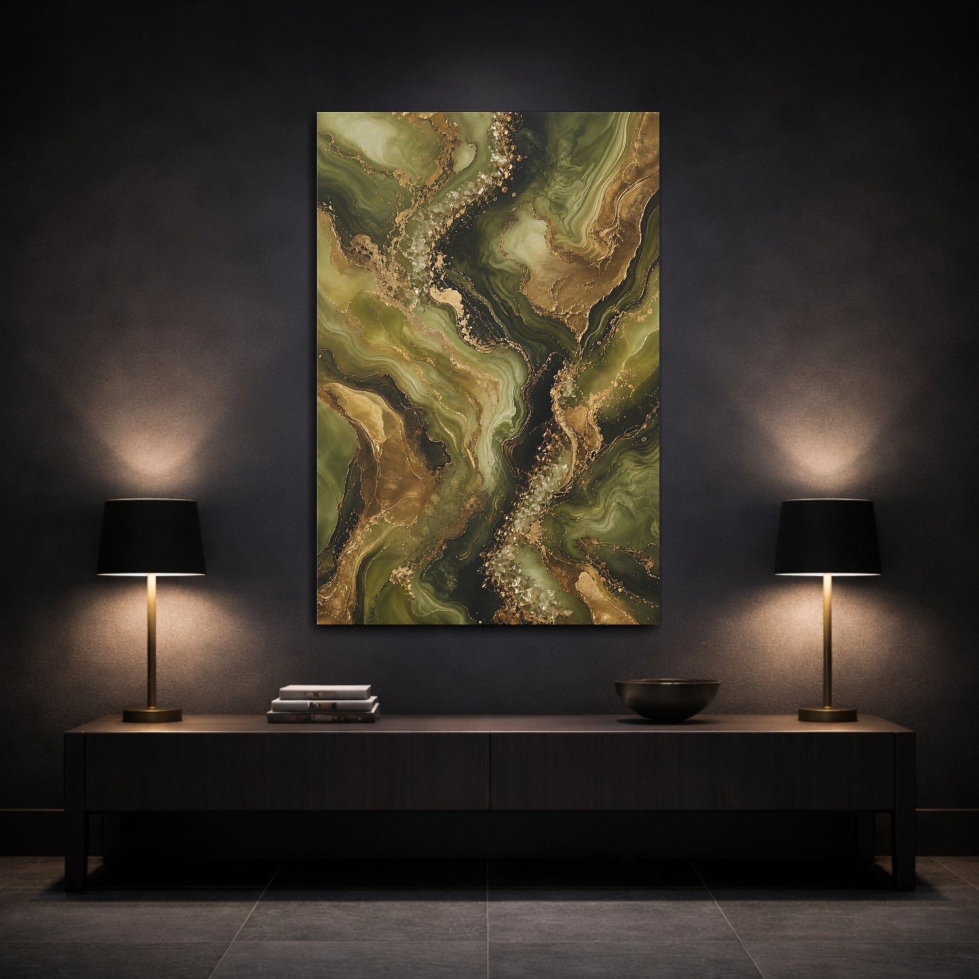 Abstract Fluid Green Gold Canvas Print – Modern Decor for Living Room, Above Sofa - YesArtYes