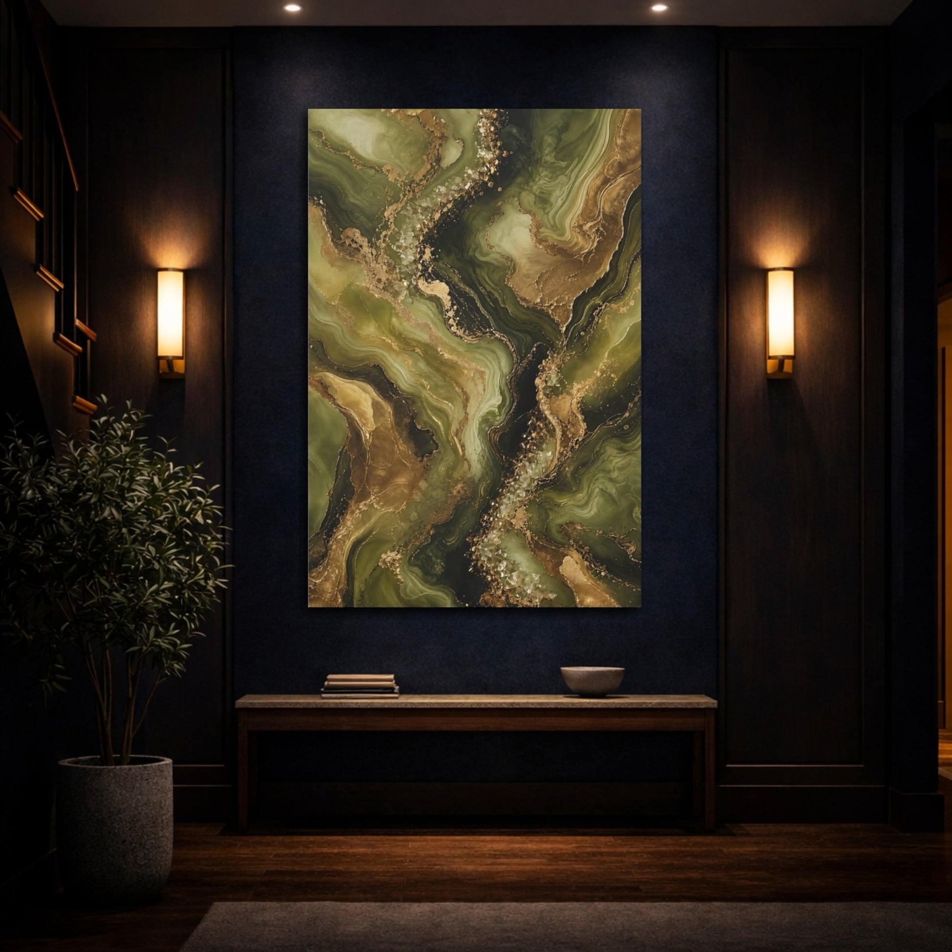 Abstract Fluid Green Gold Canvas Print – Modern Decor for Living Room, Above Sofa - YesArtYes