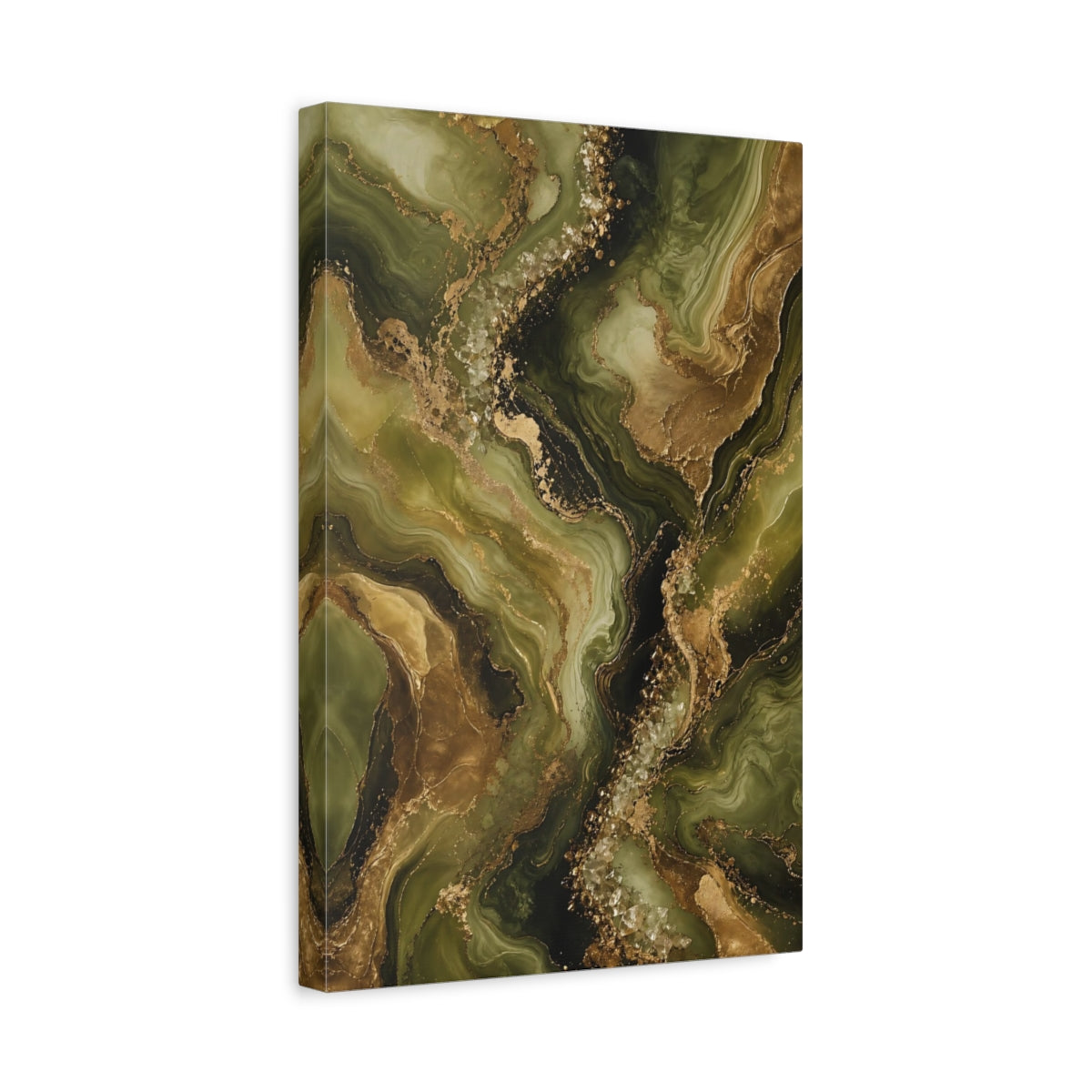 Side Mockup 4. Abstract Abstract Fluid Green Gold Abstract shown as stretched canvas wall art