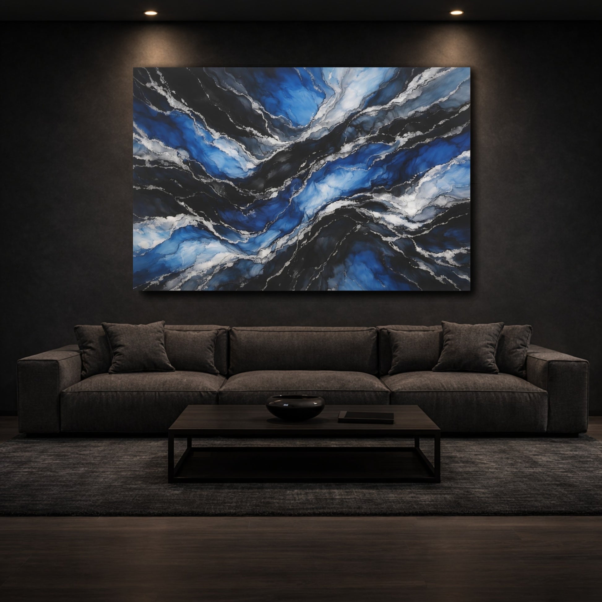 Mockup 2. Abstract Fluid Layers Blue Silver Abstract shown as stretched canvas wall art