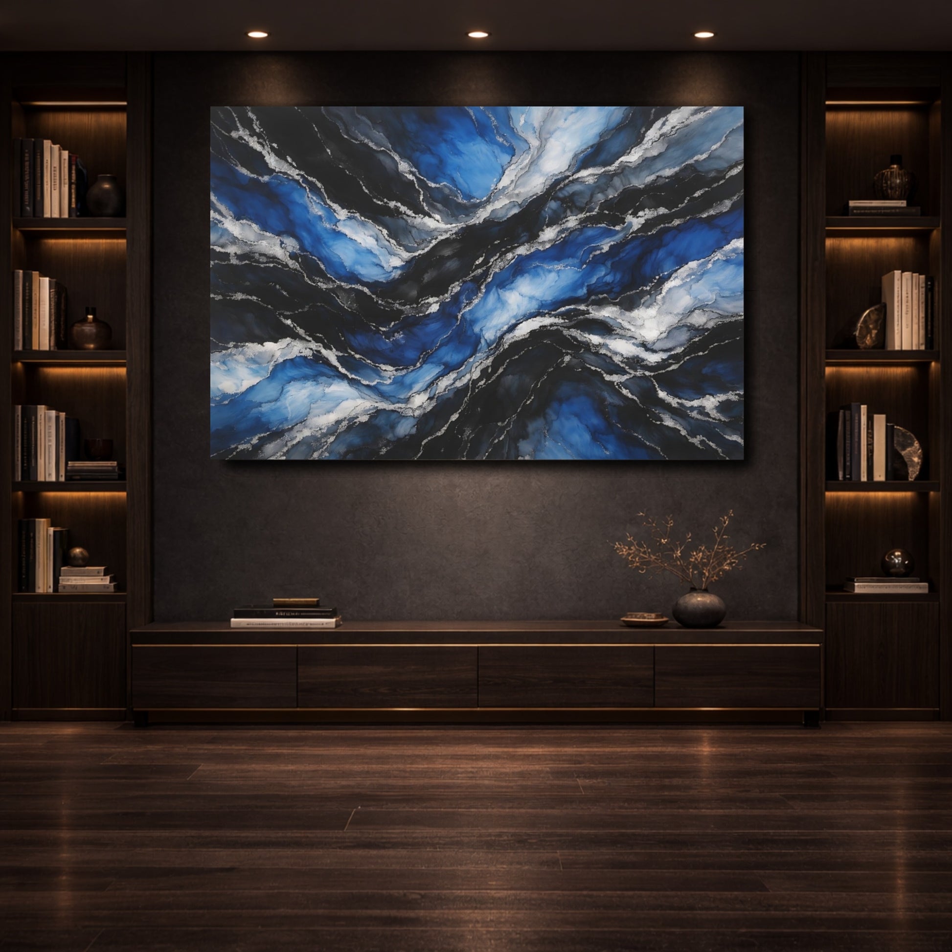 Mockup 3. Abstract Fluid Layers Blue Silver Abstract shown as stretched canvas wall art