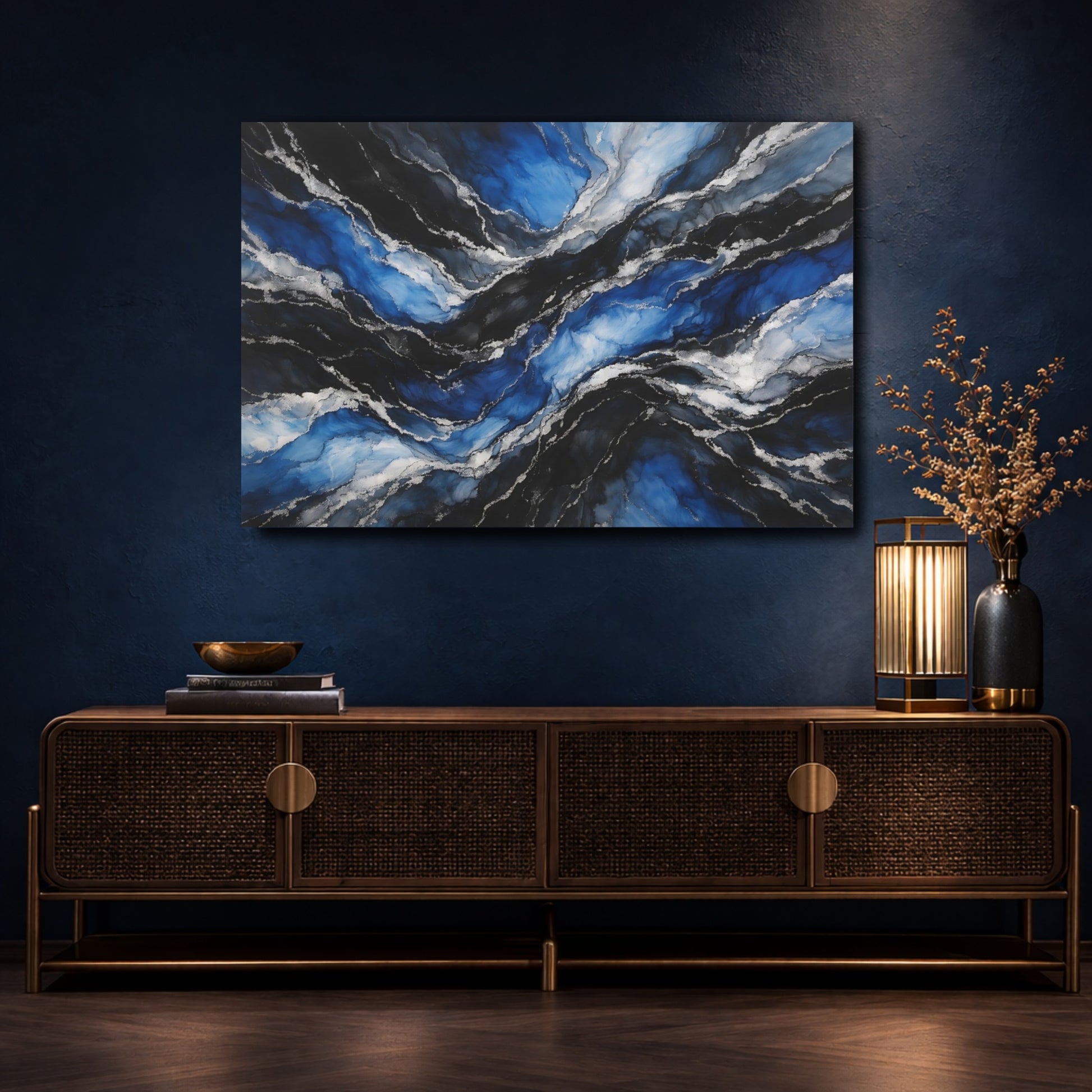 Mockup 4. Abstract Fluid Layers Blue Silver Abstract shown as stretched canvas wall art