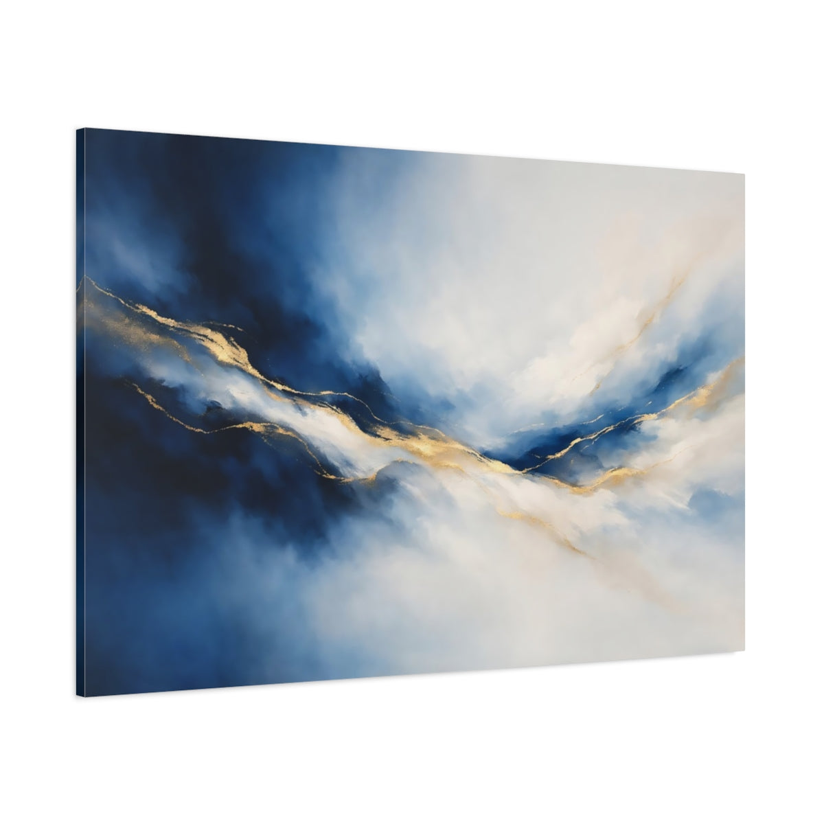 Main Mockup. Abstract Fluid Lines Blue And Gold shown as stretched canvas wall art
