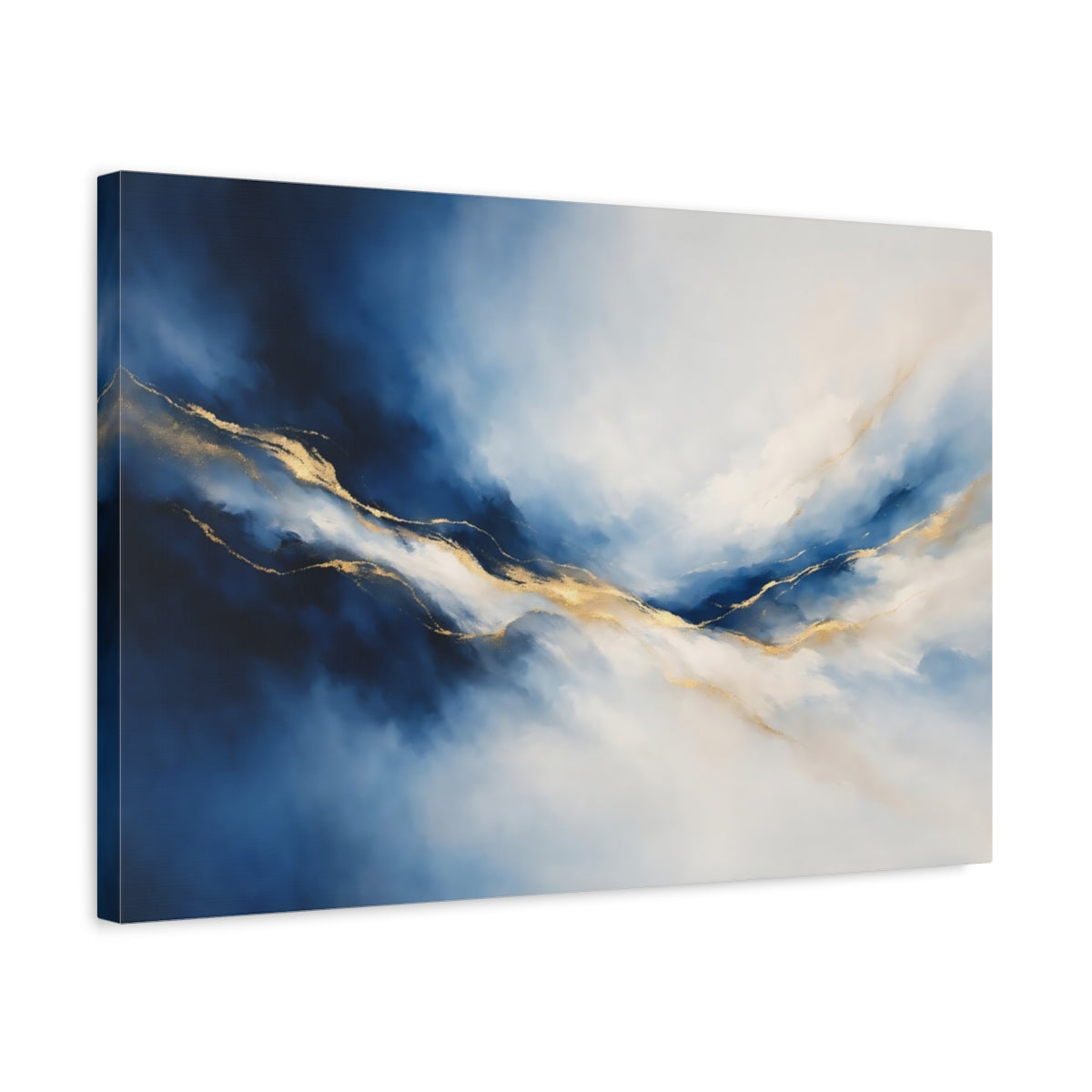 Side Mockup 3. Abstract Fluid Lines Blue And Gold shown as stretched canvas wall art