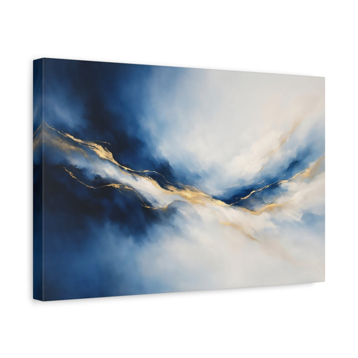 Side Mockup 4. Abstract Fluid Lines Blue And Gold shown as stretched canvas wall art