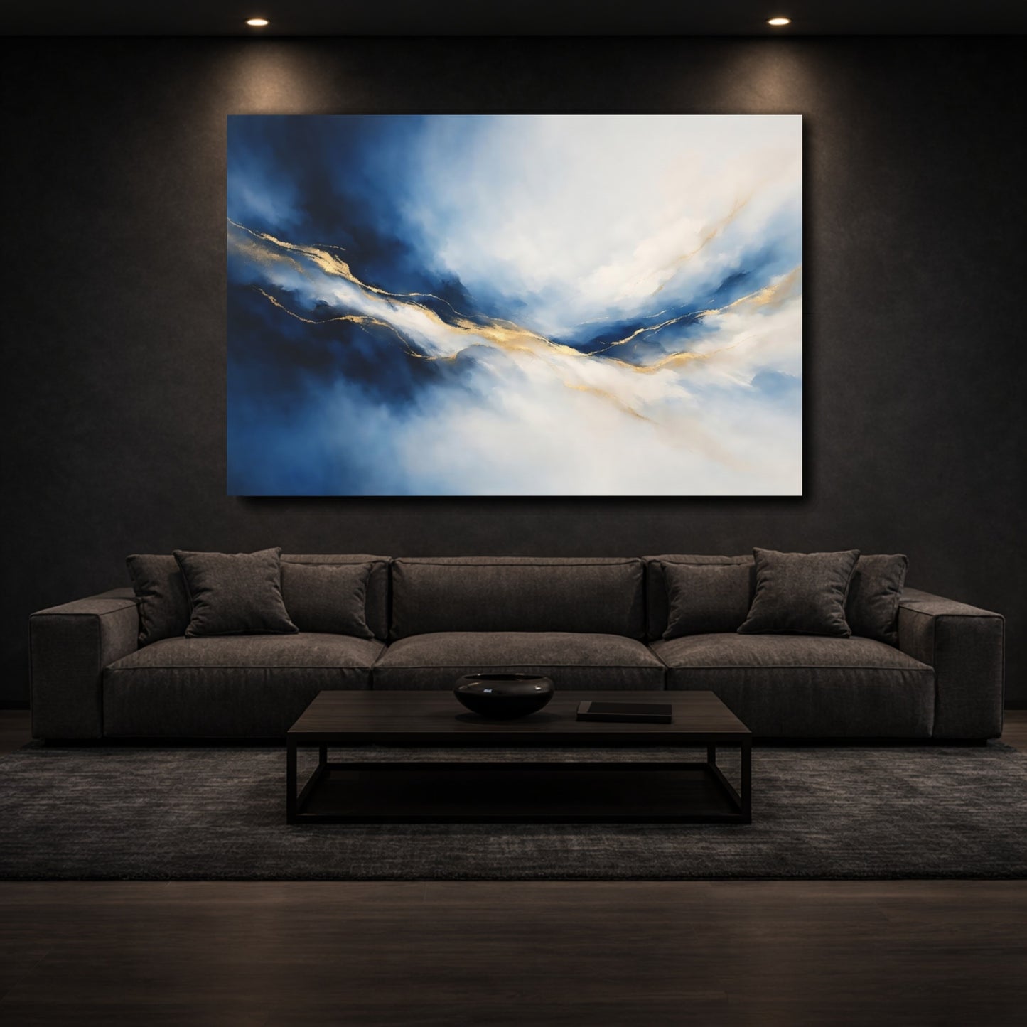 Mockup 2. Abstract Fluid Lines Blue And Gold shown as stretched canvas wall art