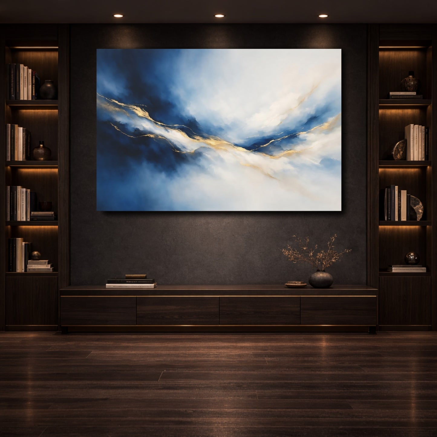Mockup 3. Abstract Fluid Lines Blue And Gold shown as stretched canvas wall art