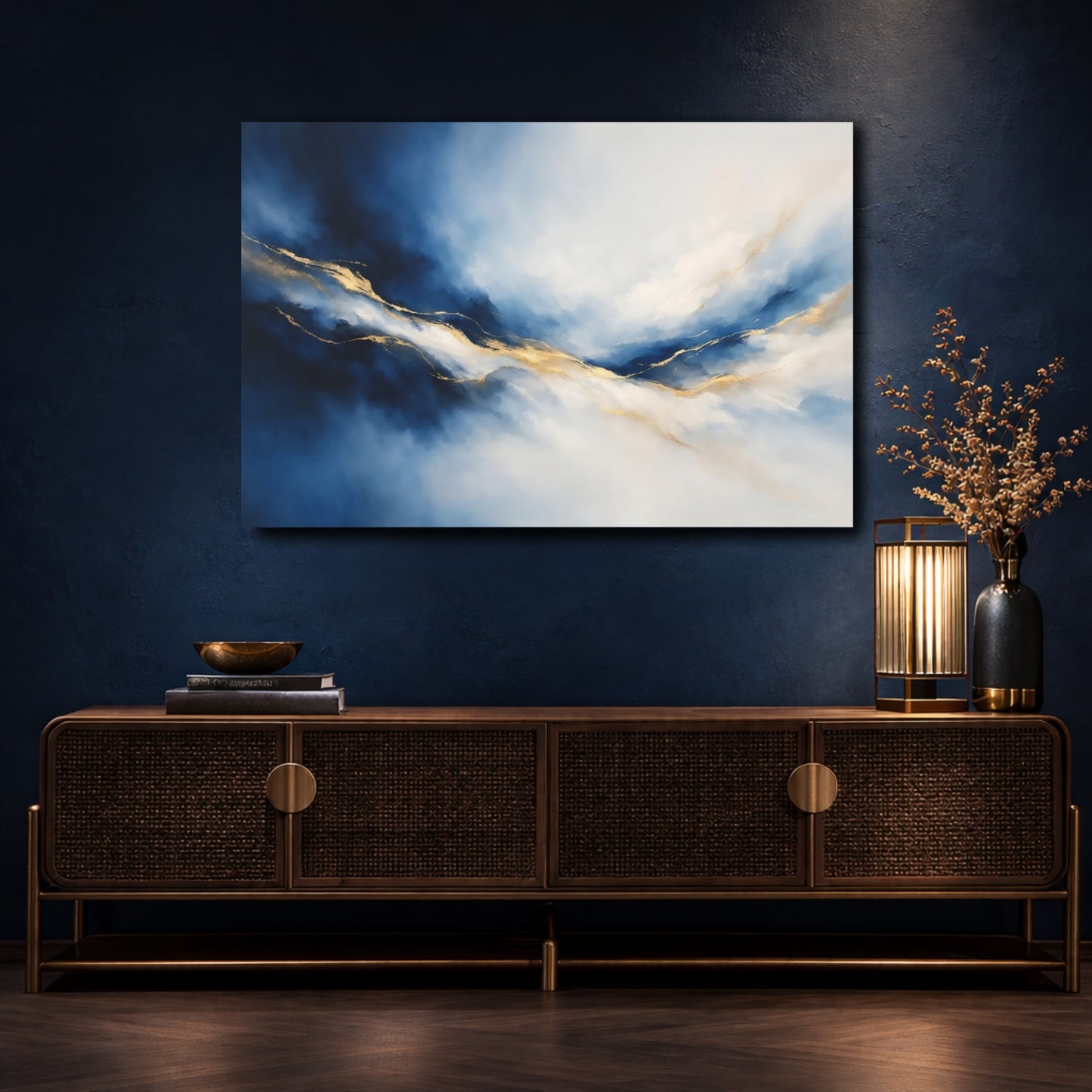 Mockup 4. Abstract Fluid Lines Blue And Gold shown as stretched canvas wall art