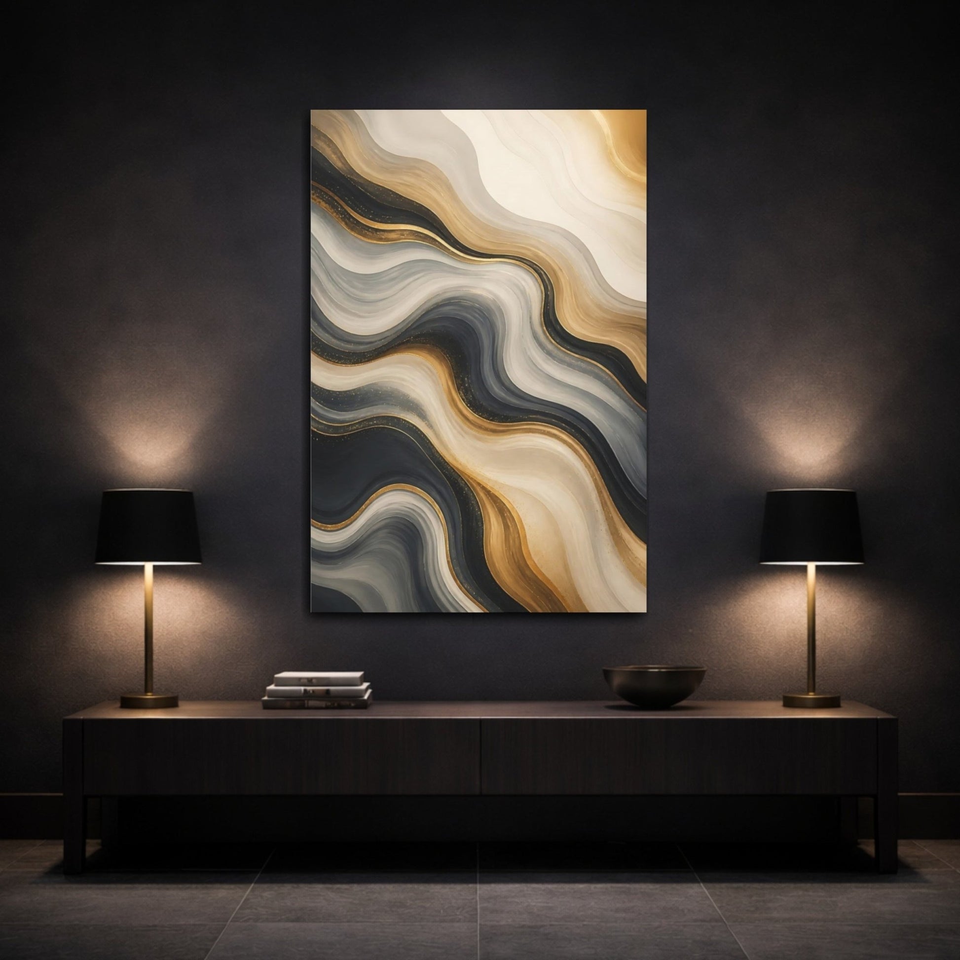 Abstract Fluid Lines Gold Black White Canvas Wall Art Print – Modern Living Room, Above Couch - YesArtYes