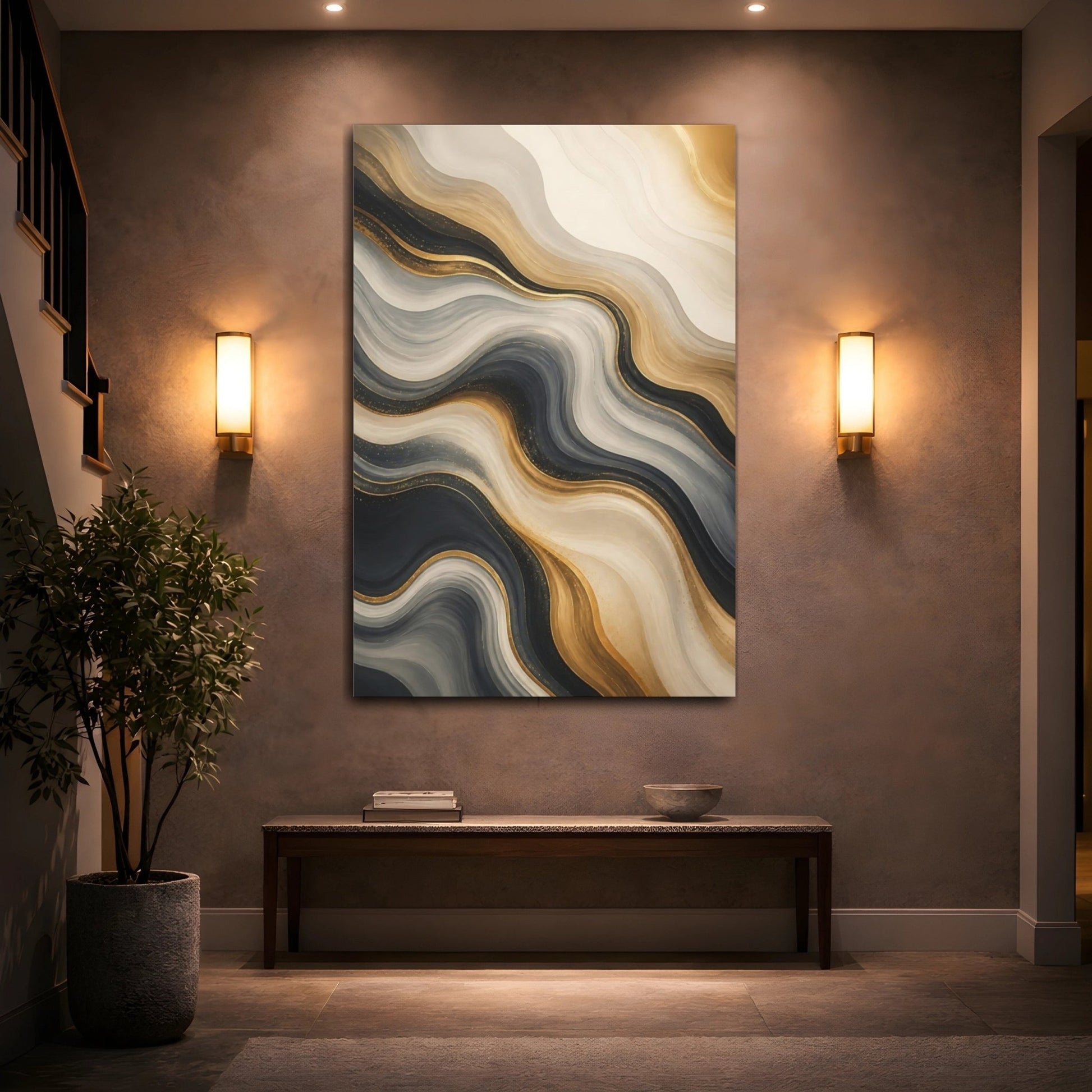 Abstract Fluid Lines Gold Black White Canvas Wall Art Print – Modern Living Room, Above Couch - YesArtYes