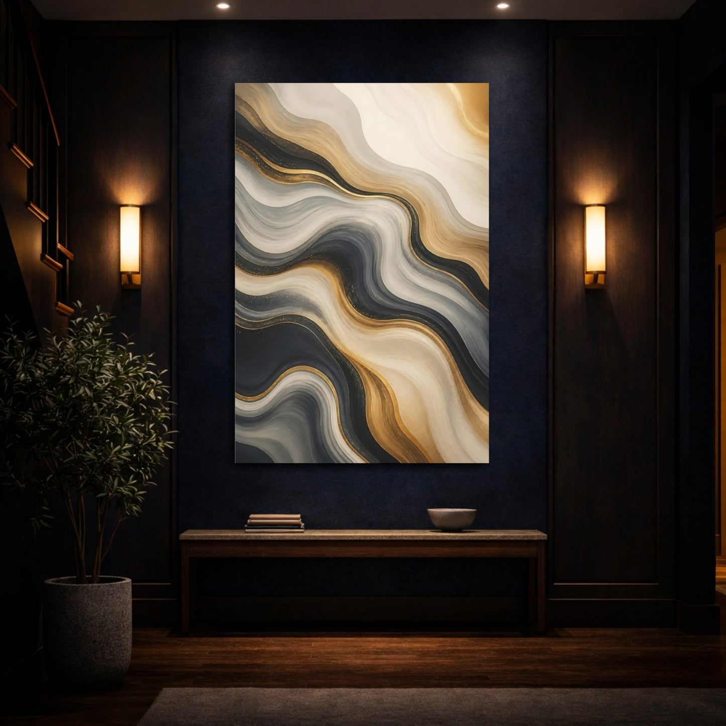 Abstract Fluid Lines Gold Black White Canvas Wall Art Print – Modern Living Room, Above Couch - YesArtYes