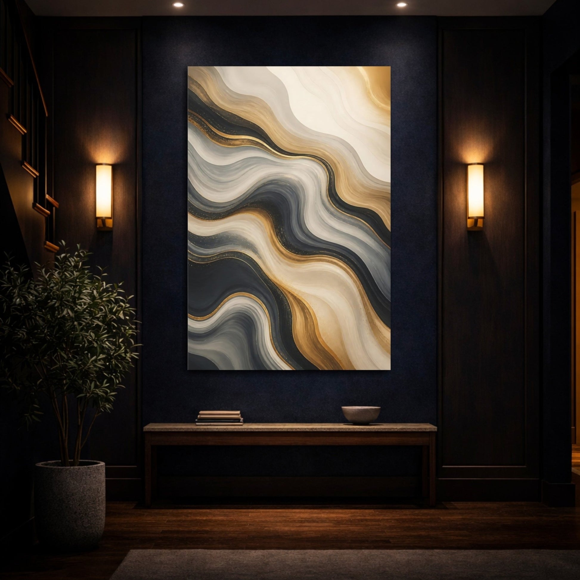 Abstract Fluid Lines Gold Black White Canvas Wall Art Print – Modern Living Room, Above Couch - YesArtYes