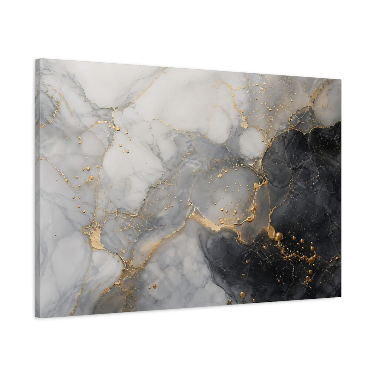 Main Mockup. Abstract Fluid Marble Black White Gold shown as stretched canvas wall art