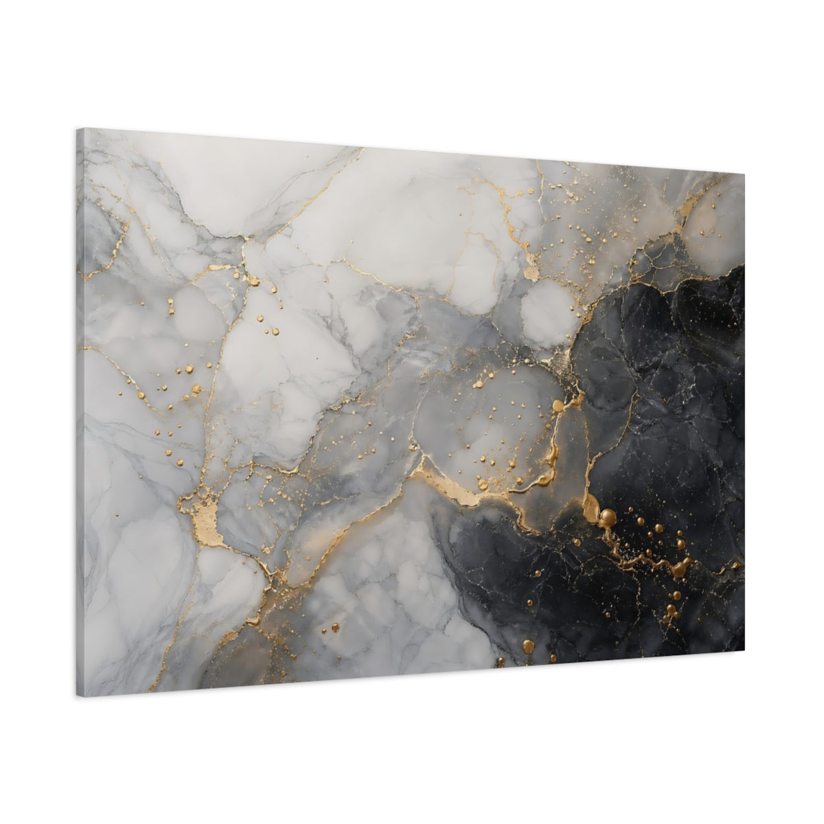 Side Mockup 1. Abstract Fluid Marble Black White Gold shown as stretched canvas wall art