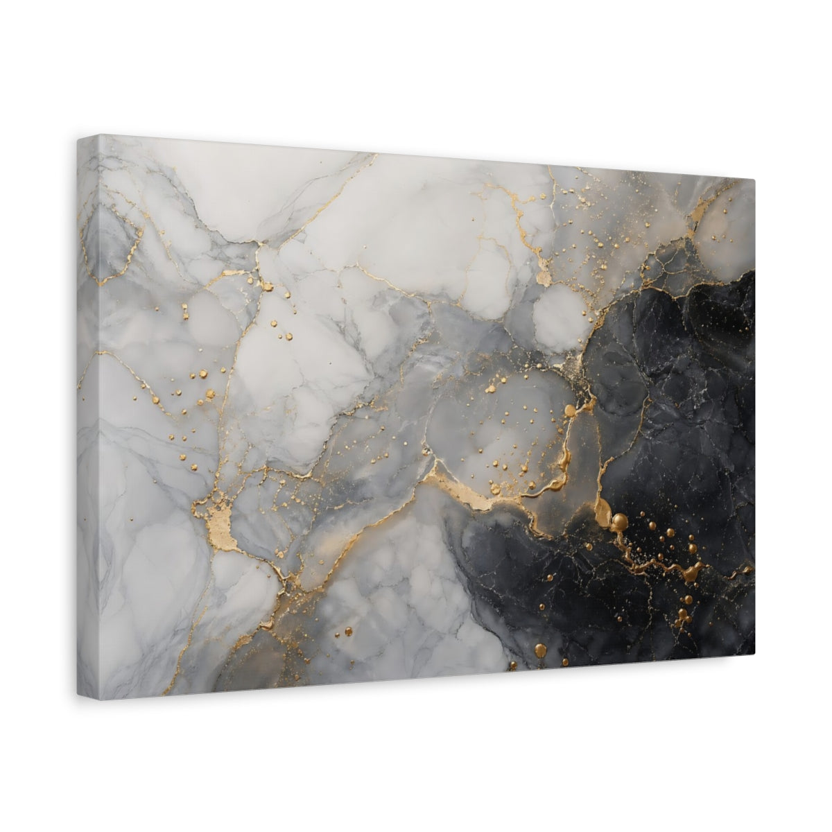 Side Mockup 4. Abstract Fluid Marble Black White Gold shown as stretched canvas wall art