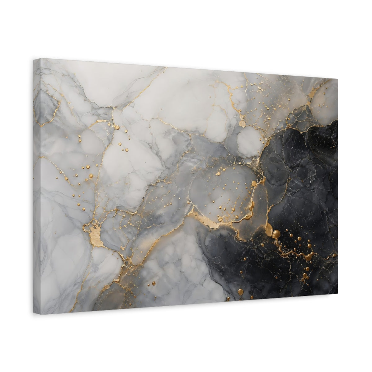 Side Mockup 3. Abstract Fluid Marble Black White Gold shown as stretched canvas wall art
