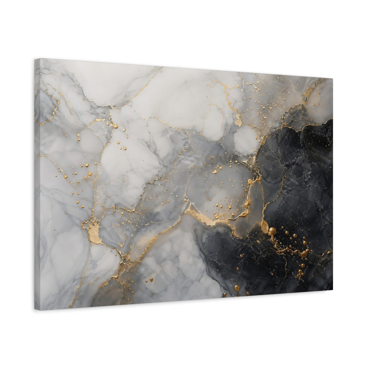 Side Mockup 2. Abstract Fluid Marble Black White Gold shown as stretched canvas wall art