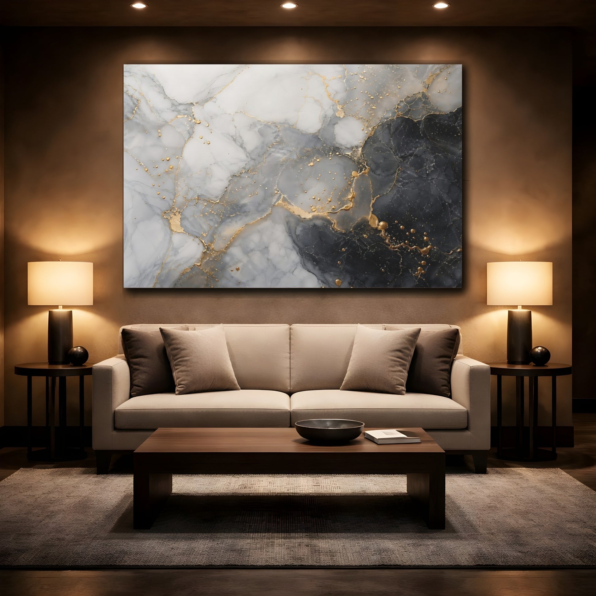 Mockup 2. Abstract Fluid Marble Black White Gold shown as stretched canvas wall art